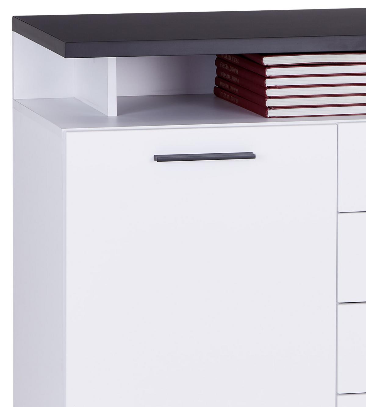 Komoda Maxi, Bela, Temno Siva - Moderno, umetna masa/leseni material (150,2/90/41,9cm) - Premium Living