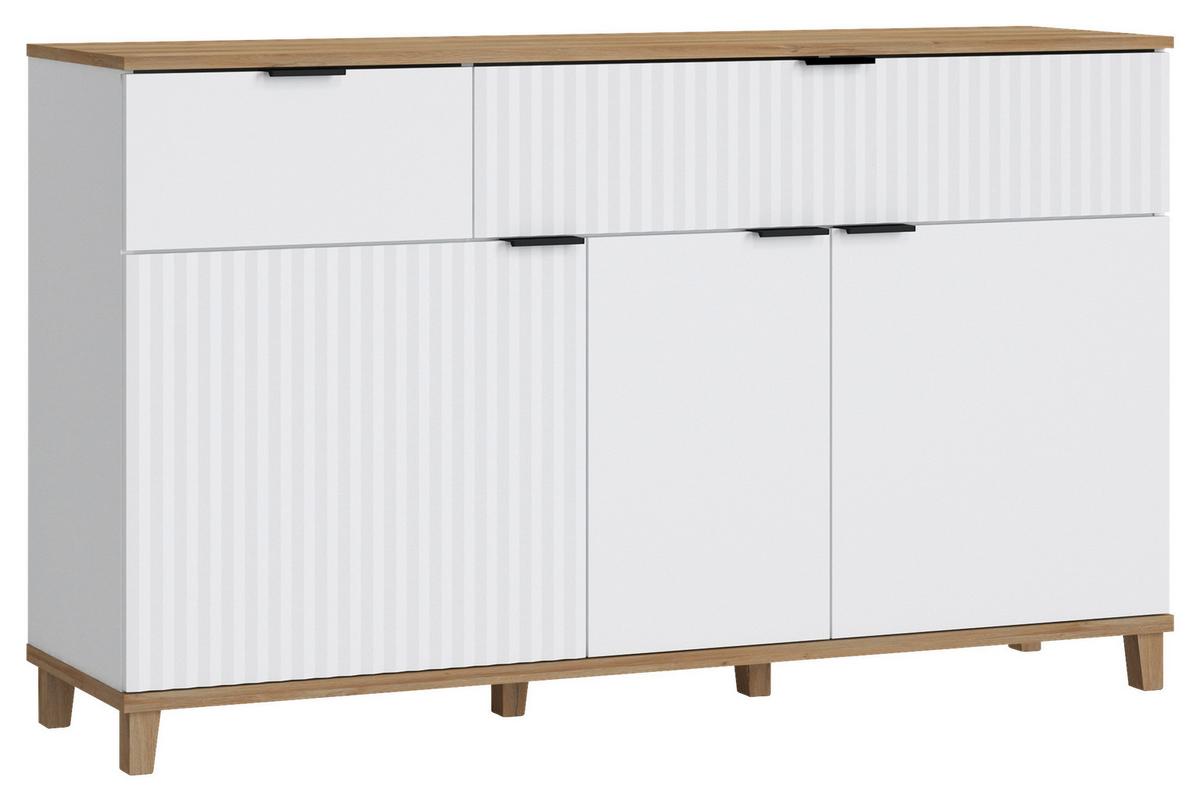 Comoda cu usi PLISSEE - alb/culoare lemn stejar, Modern, material pe bază de lemn (145/86/40cm) - Modern Living