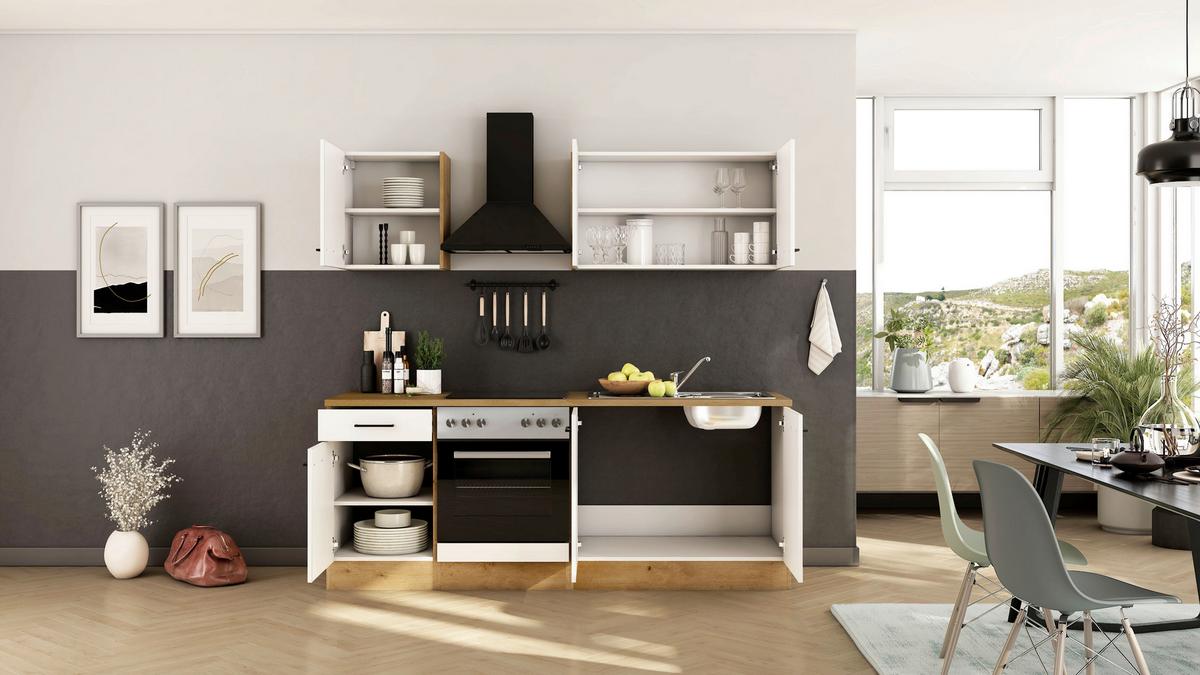 Küchenblock Avila m. Geräten Magnolie - Eichefarben/Magnolie, Trend, Holzwerkstoff/Metall (210cm) - FlexWell
