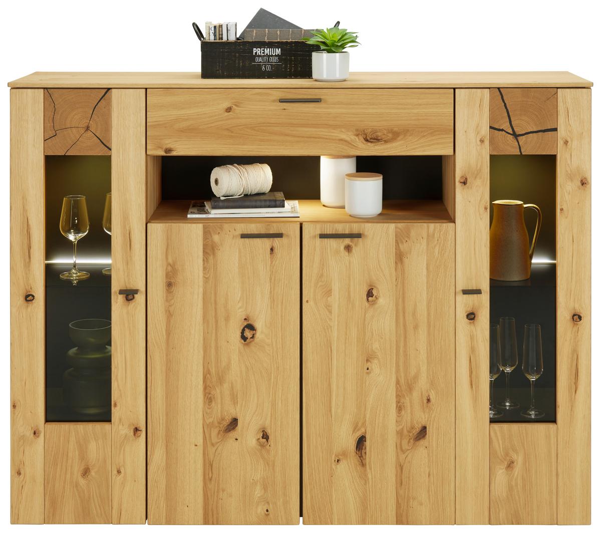 Highboard in Eichefarben - Eichefarben/Schwarz, Modern, Glas/Holzwerkstoff (154/130/41cm) - Premium Living