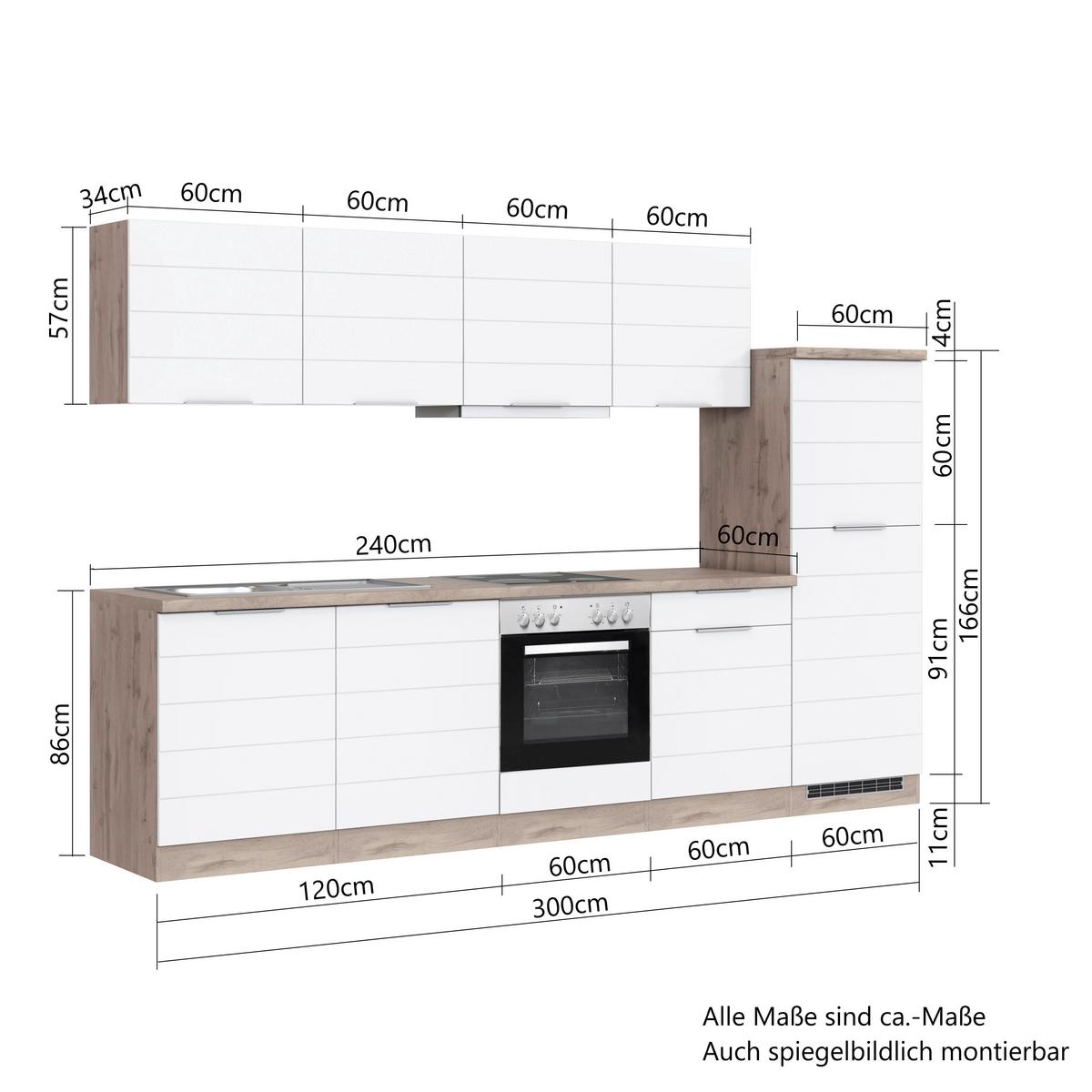 Küchenblock Florenz mit Geräten ca. 300 cm Weiß/Eiche - Eiche Wotan/Weiß, Design, Holzwerkstoff/Metall (300cm) - Held