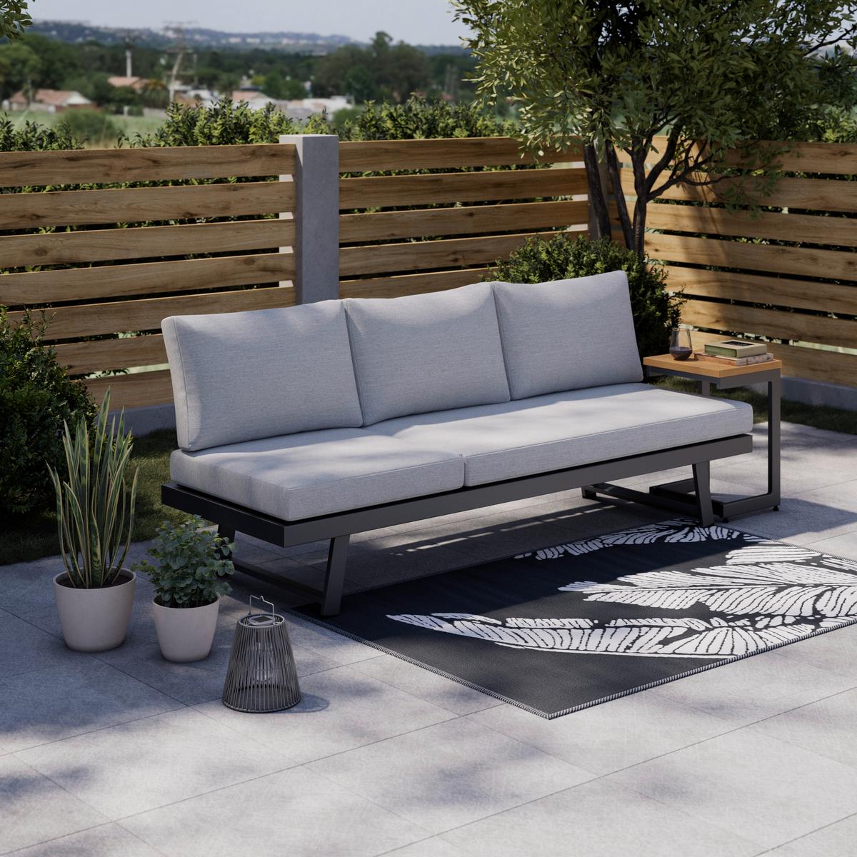 Gartenliege Loan Grau Holz Metall/Outdoorstoff +Tisch - Dunkelgrau/Anthrazit, MODERN, Holz/Textil (210/84/78cm) - Bessagi Garden
