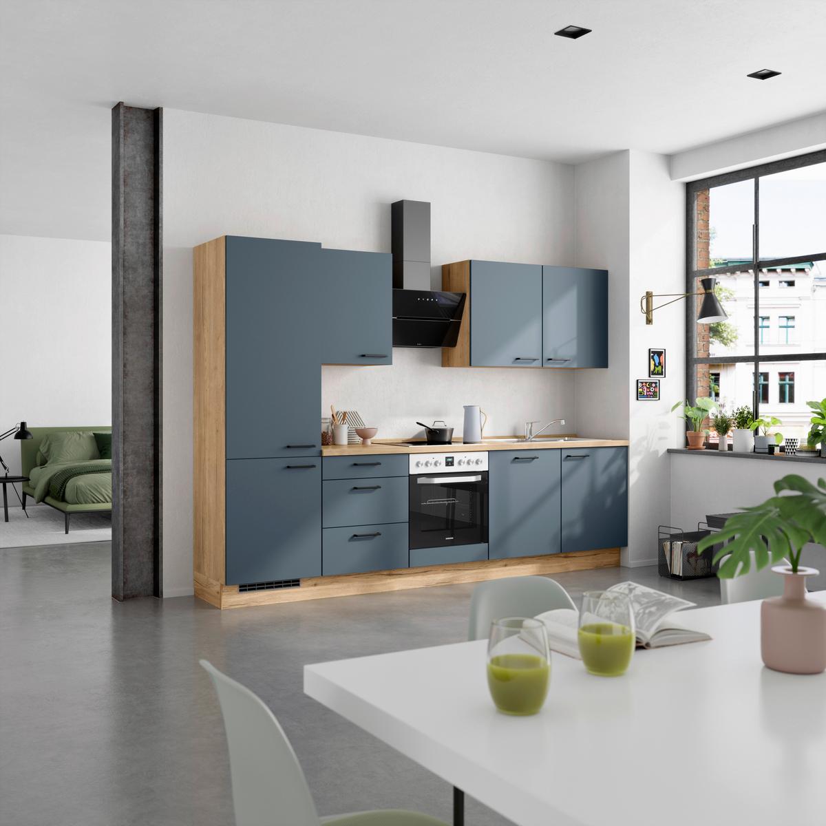 Küchenblock Easytouch High m. Geräten Dunkelblau - Eichefarben/Schwarz, MODERN, Holzwerkstoff/Metall (300cm) - Nobilia