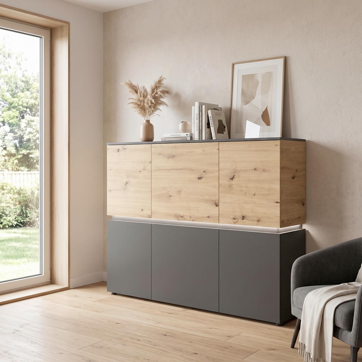 Široka Komoda Luci, Barva Hrasta, Antracit - siva/črna, Trend, umetna masa/leseni material (165,5/131,5/40cm) - Modern Living