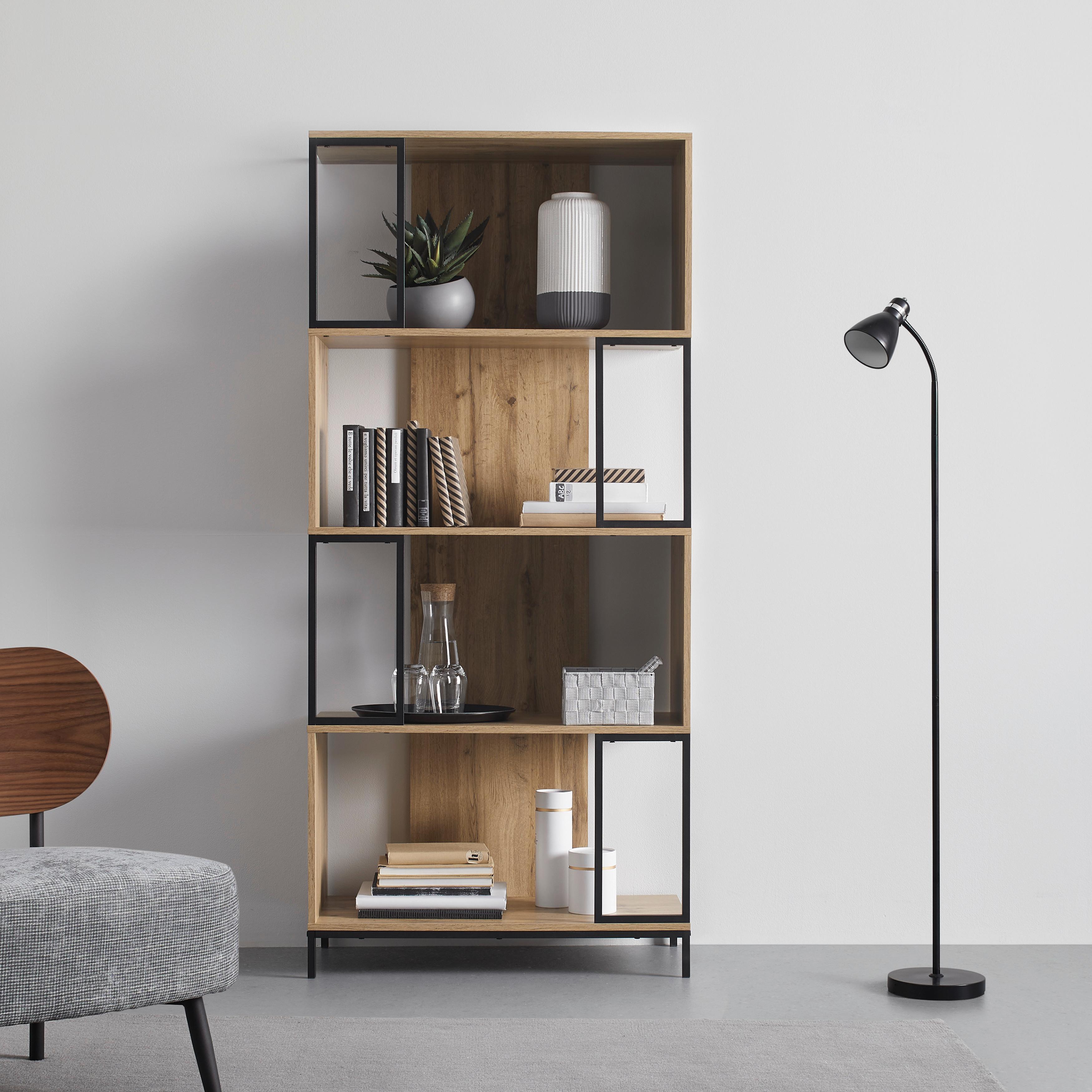 FRISTÅENDE HYLLA GENY - svart/ekfärgad, Modern, metall (80/178/40cm) - Bessagi Home