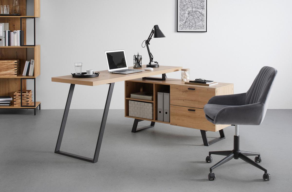Eckschreibtisch Carmelo II in Schwarz/Eichefarben - Eichefarben/Schwarz, MODERN, Holzwerkstoff/Metall (150/75/120cm) - Mömax