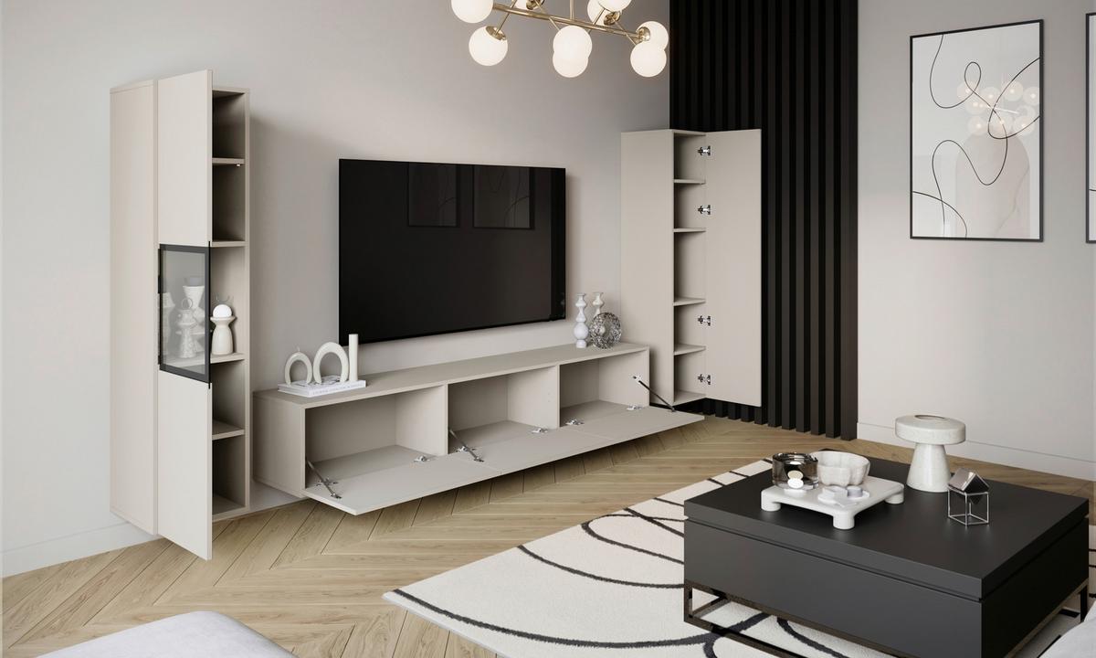 Wohnwand mit LED Berlin III Kaschmir - Kaschmir/Grau, Design, Glas/Holzwerkstoff (240/130/31cm) - P & B