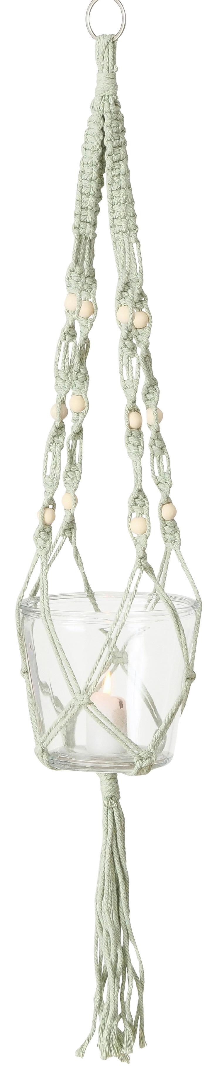 Pflanztopf Makramee I in Hellgrün - Hellgrün, Romantik / Landhaus, Glas/Naturmaterialien (80cm) - Modern Living