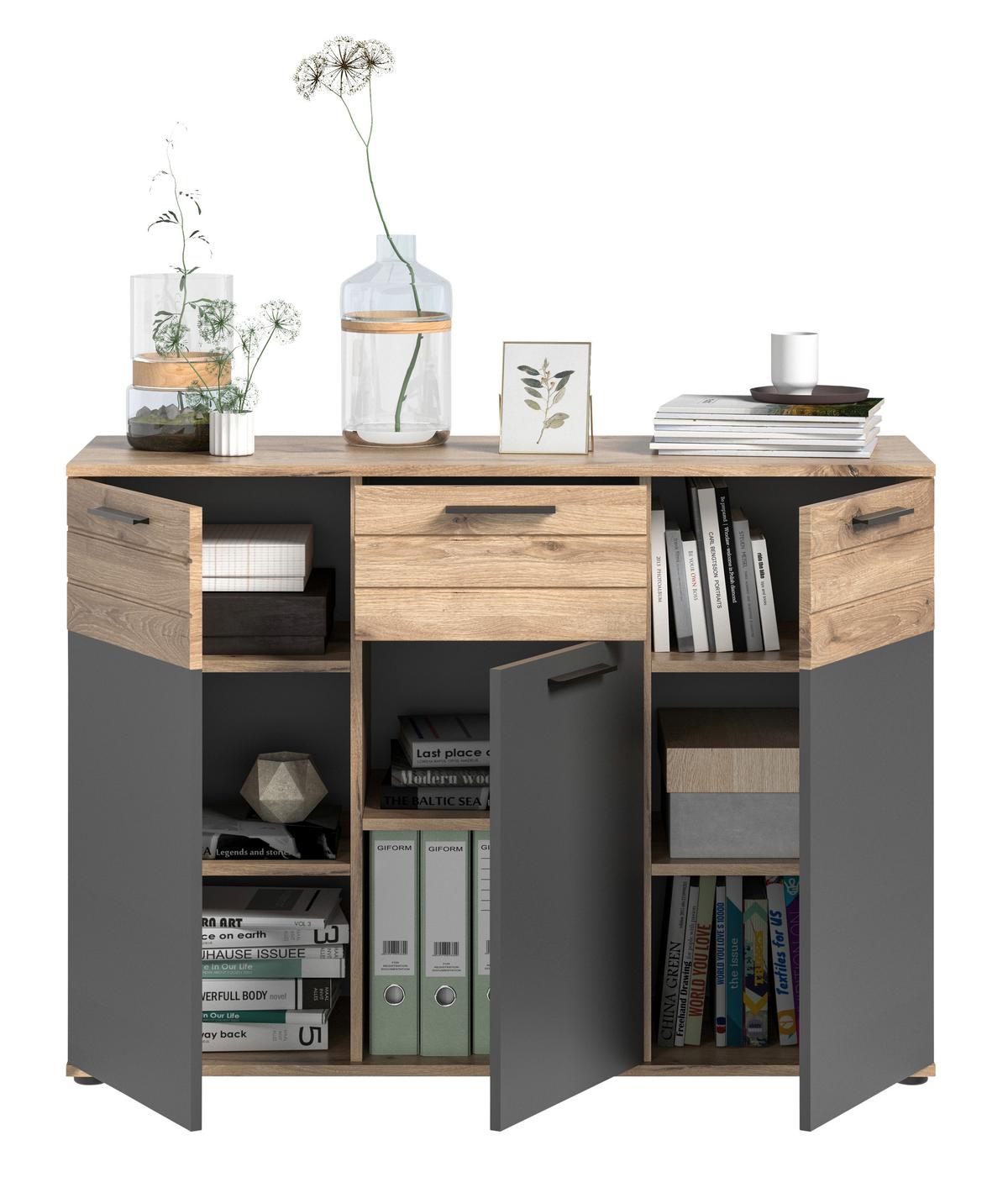 Comodă MASON - culoare lemn stejar/gri, material pe bază de lemn (120/87/40cm) - Modern Living
