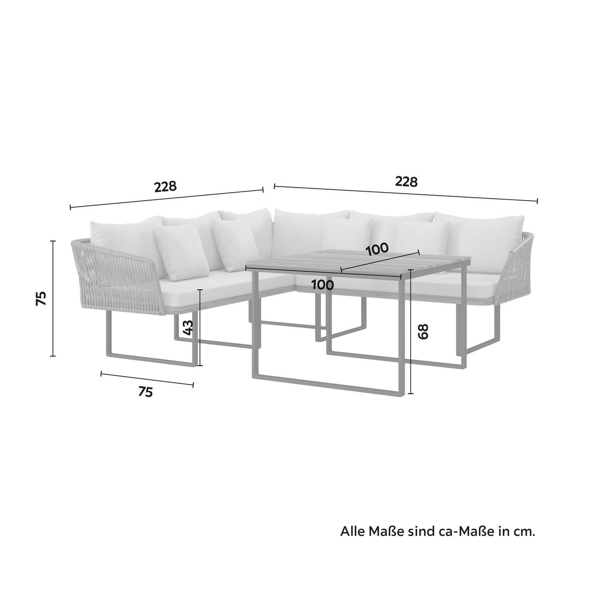 Dining-Loungeset Viola Grau Outdoorstoff/Metall/Holz - Hellgrau/Schwarz, MODERN, Holz/Kunststoff (228/75/75cm) - Bessagi Garden