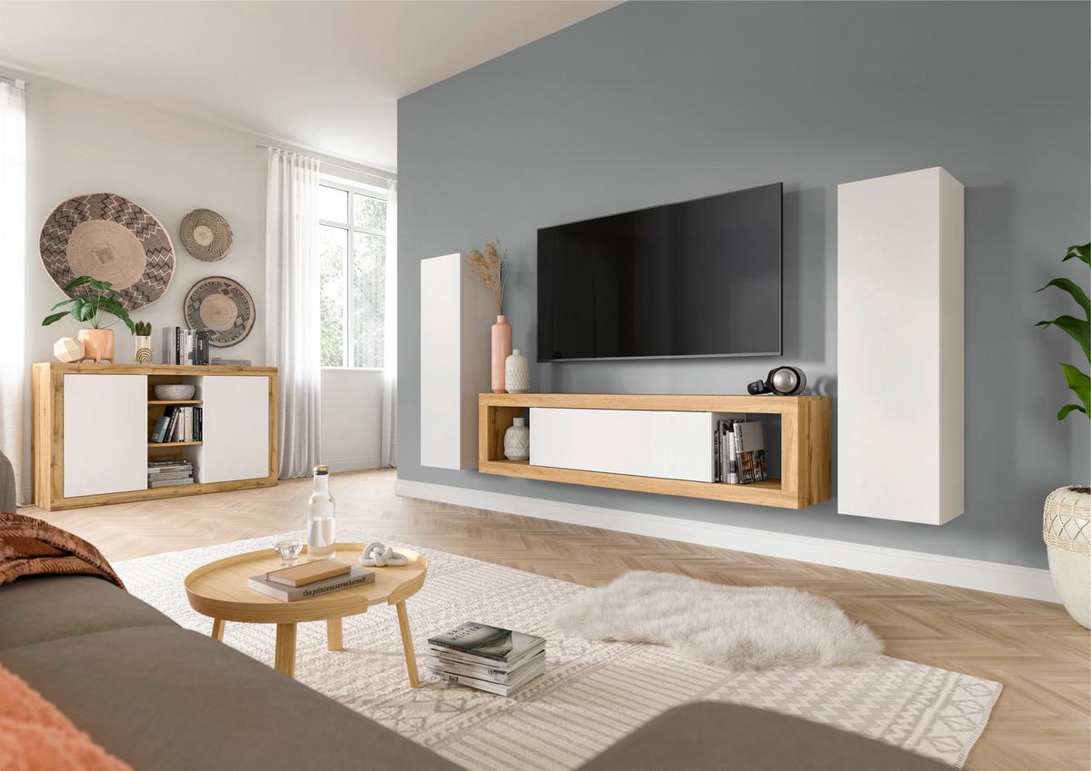 Ansamblu mobilier camera de zi TANGO - alb/stejar Wotan, Design, material pe bază de lemn (270/135/30cm) - Modern Living