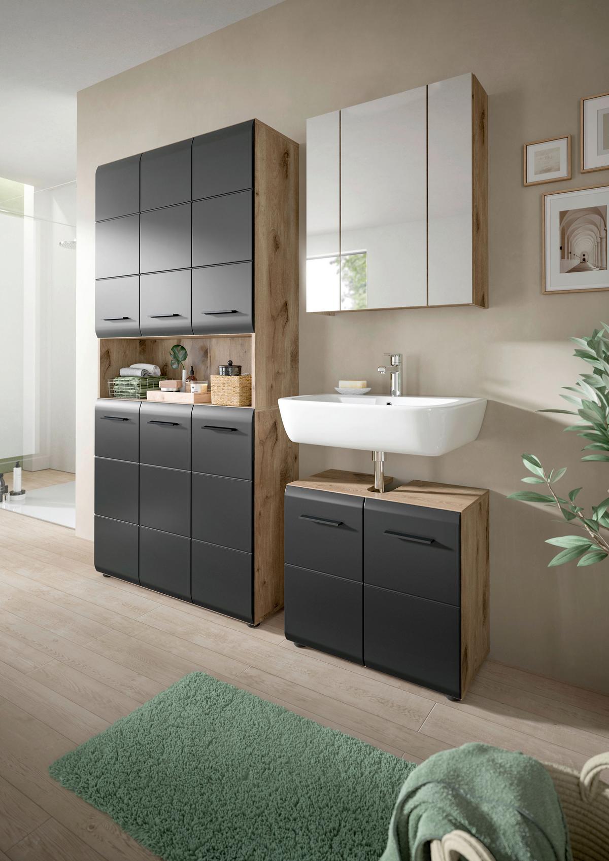 Hochschrank Ice Schwarz/Eiche dunkel - Eiche dunkel/Schwarz, Basics, Holzwerkstoff/Kunststoff (90/185/30cm) - MID.YOU