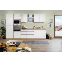 Küchenblock Lorena mit Geräten ca. 335 cm Weiß Hochglanz - Weiß Hochglanz/Eichefarben, Basics, Holzwerkstoff (335cm) - Respekta