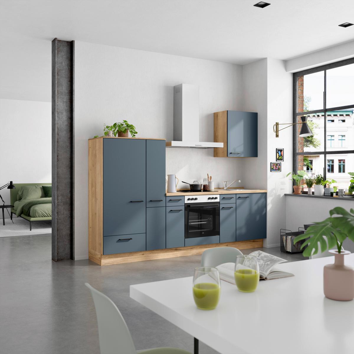 Küchenblock Easytouch Low m. Geräten Dunkelblau - Eichefarben/Schwarz, MODERN, Holzwerkstoff/Metall (270cm) - Nobilia