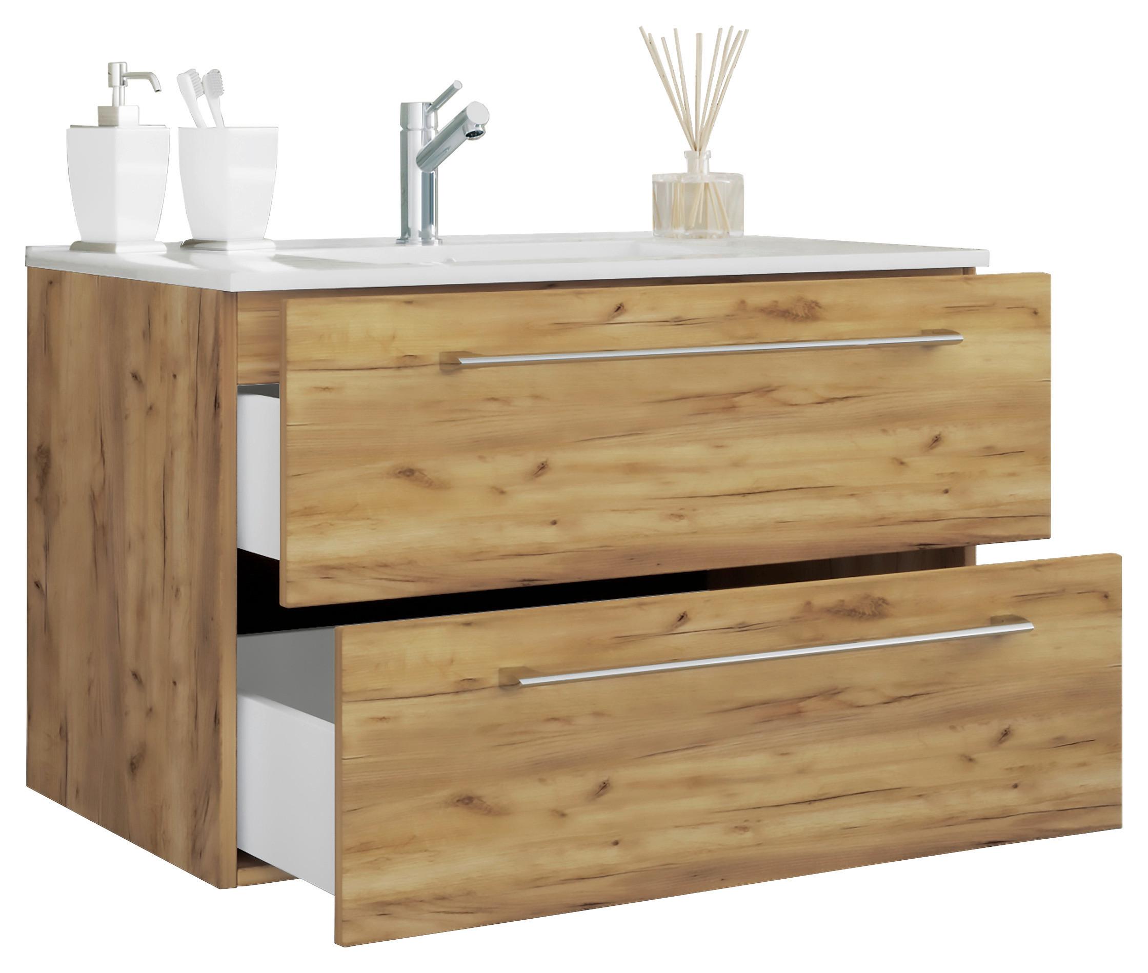 Kombiniran Umivalnik Badinos, Medeni Hrast - bela/barve aluminija, Moderno, kovina/leseni material (81cm) - MID.YOU