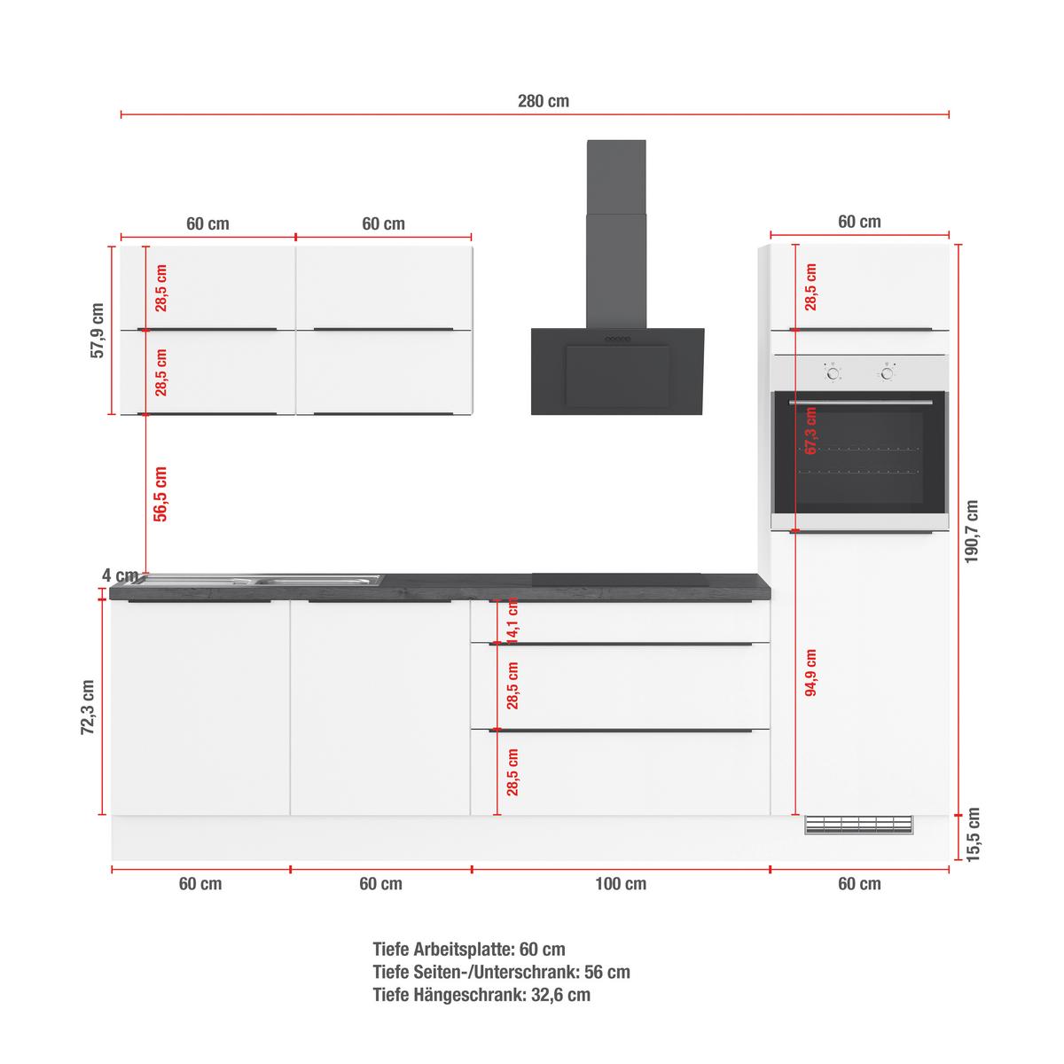 Küchenblock inkl. 5 E-Geräte IP3150 Graphitfarben - Eichefarben/Graphitfarben, Trend, Holzwerkstoff/Metall (280cm) - Impuls