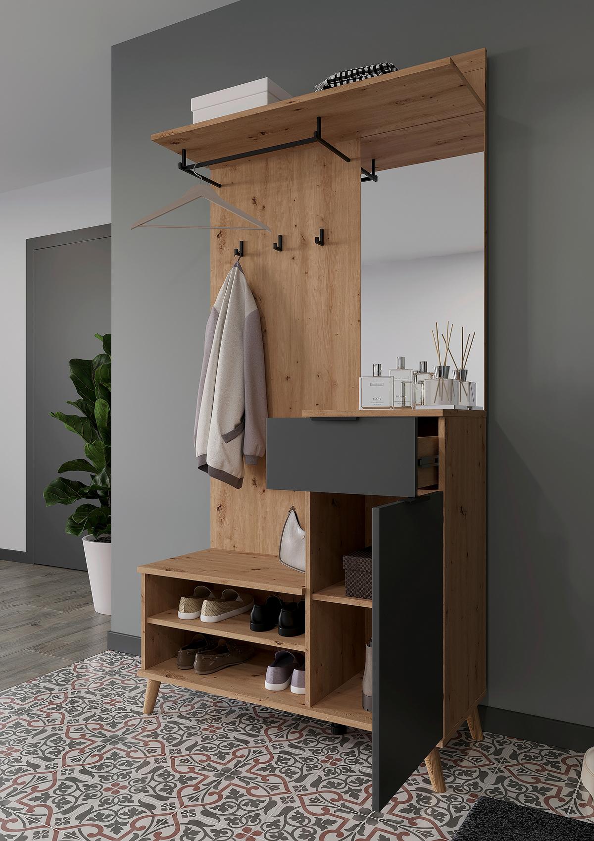 PRZEDPOKÓJ NORDIC - kolor grafitowy/dąb artisan, Design, materiał drewnopochodny/szkło (100/202/40cm) - home24