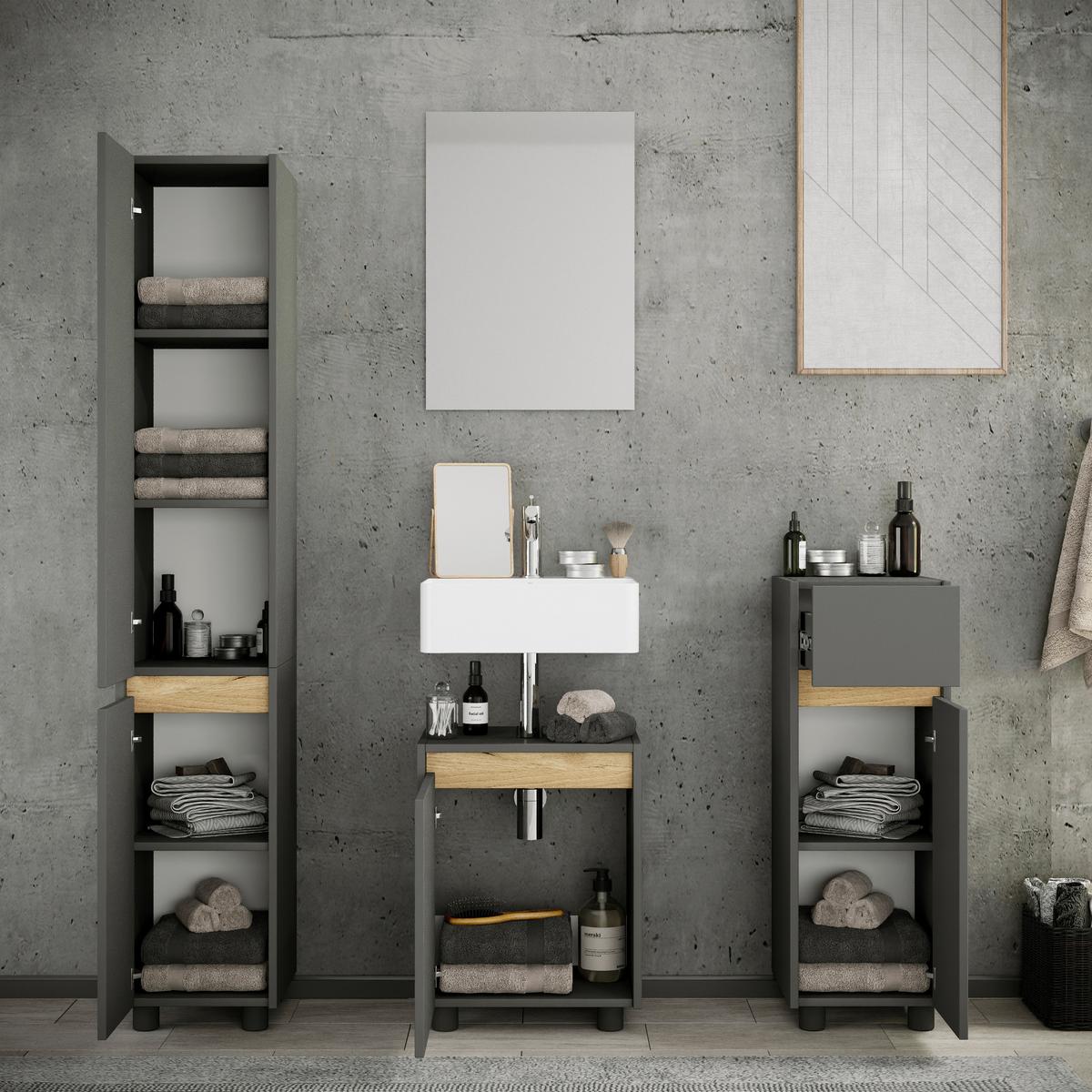 Badezimmer Cosila - Honigeiche/Anthrazit, Trend, Holzwerkstoff/Kunststoff (112cm) - MID.YOU