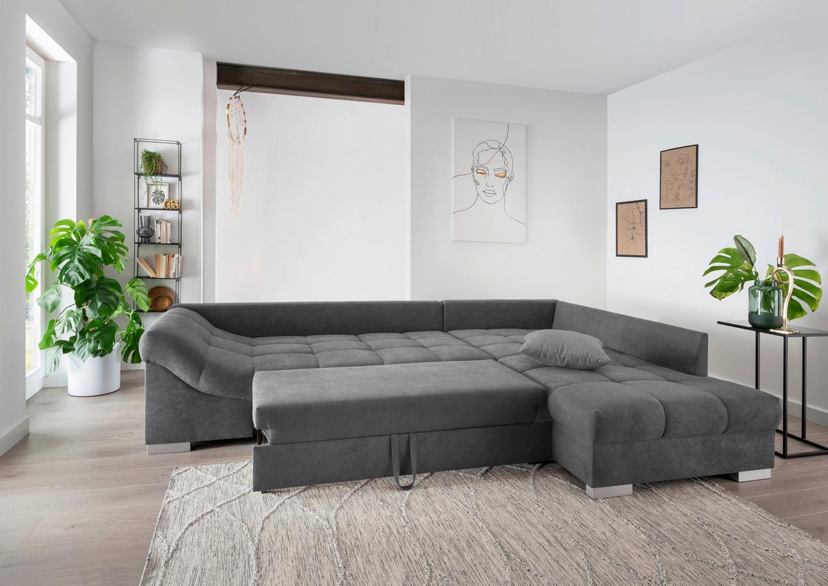 Wohnlandschaft Alvito Dunkelgrau Nylon/Mikrofaser - Dunkelgrau/Silberfarben, Design, Holz/Textil (298/202cm) - MID.YOU