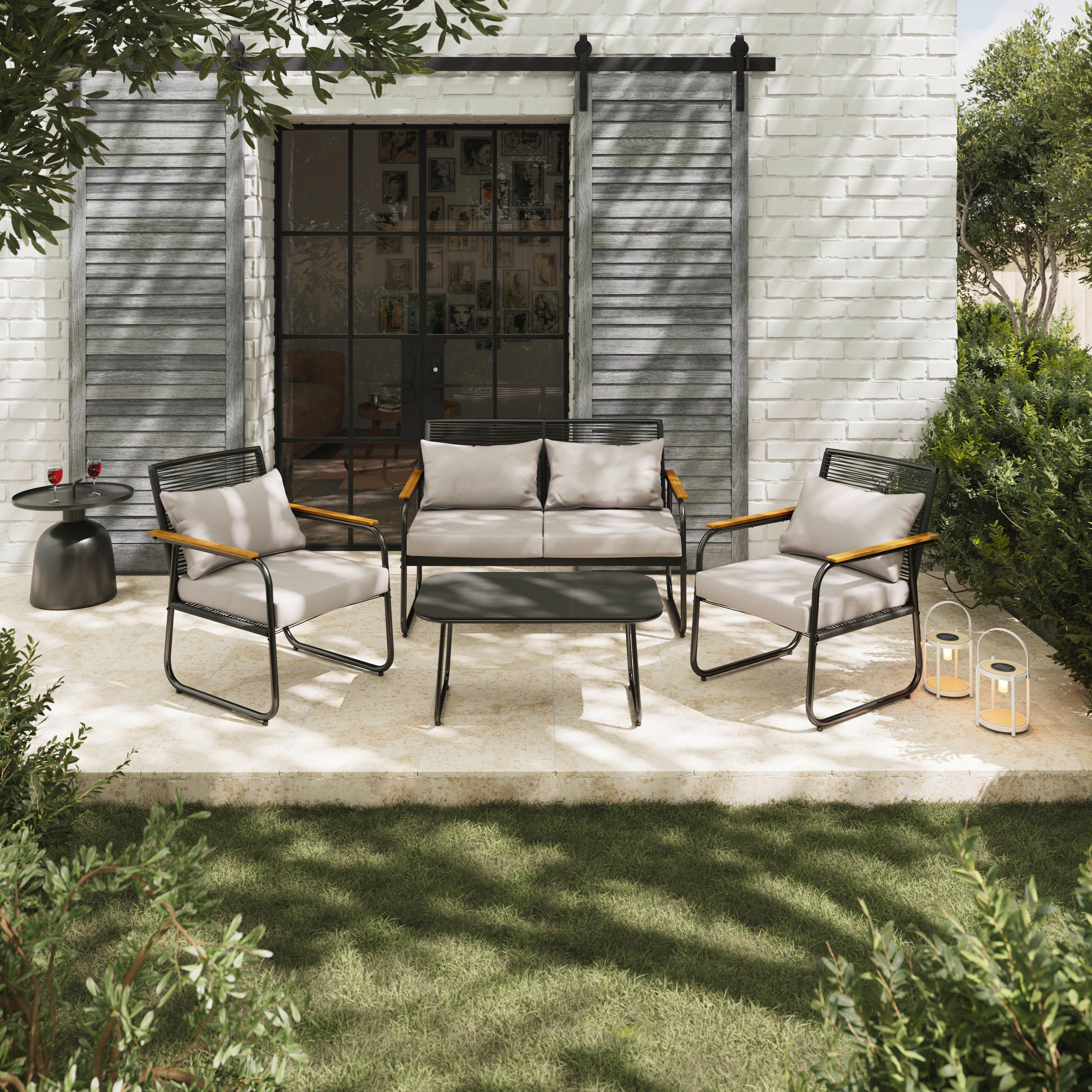 Loungegarnitur-Set Elly Grau Metall/Outdoorstoff - Schwarz/Naturfarben, MODERN, Glas/Kunststoff (116/77/71cm) - Bessagi Garden