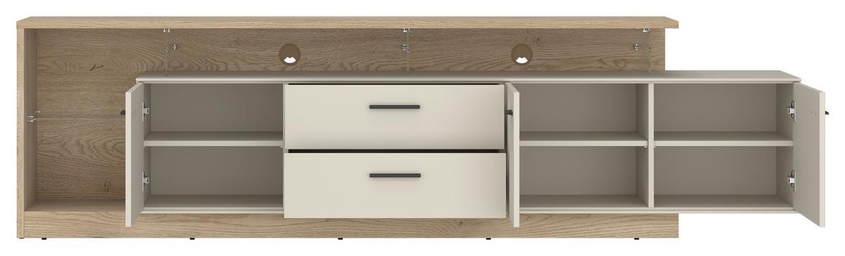 Comodă TV MEOLO - cașmir/culoare lemn stejar, Modern, sticlă/material pe bază de lemn (236,4/65,5/40cm) - Modern Living
