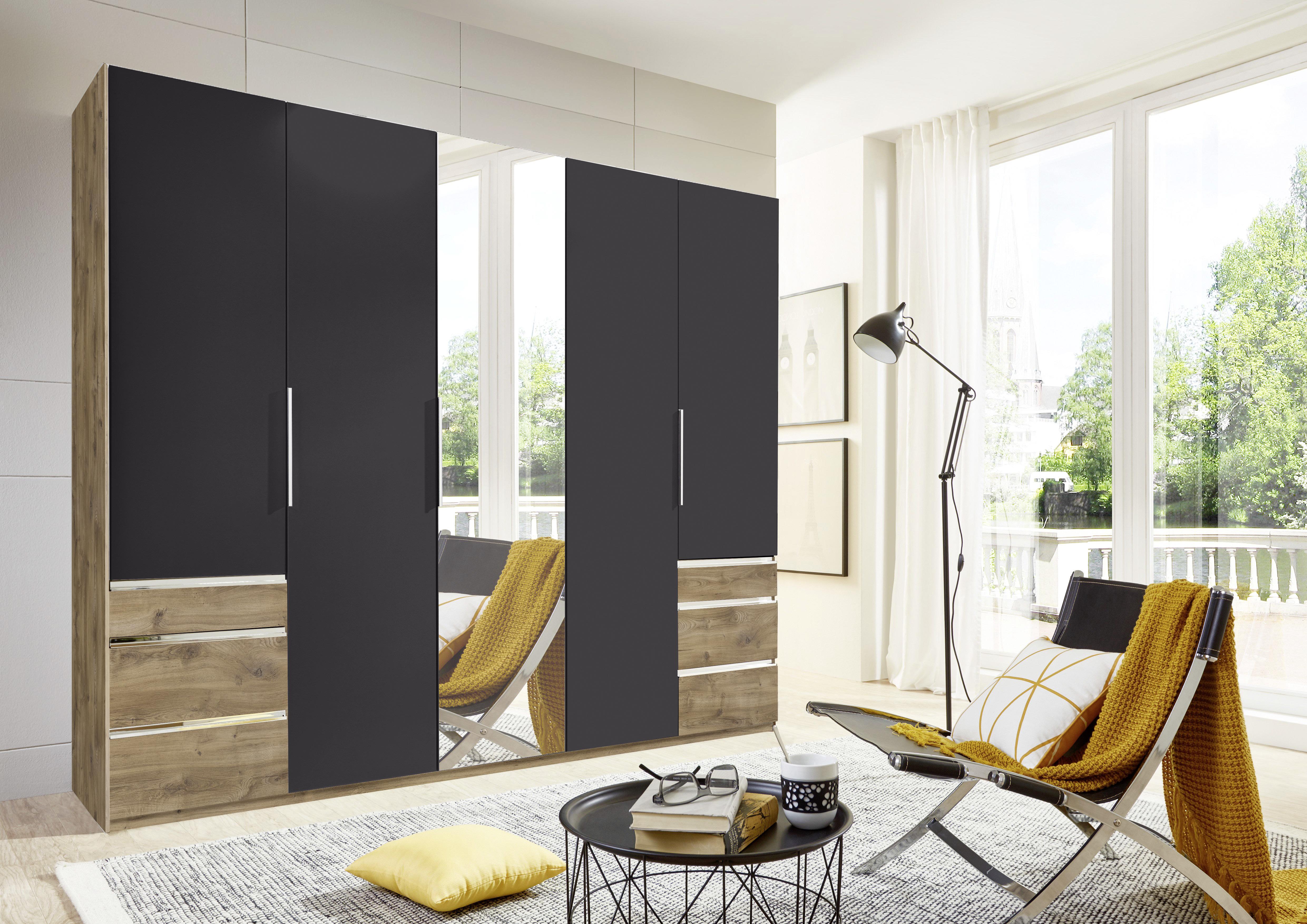 Drehtürenschrank Level 36A mit Spiegel ca.250cm Graphitfarben - Chromfarben/Eichefarben, MODERN, Glas/Holzwerkstoff (250/216/58cm) - MID.YOU