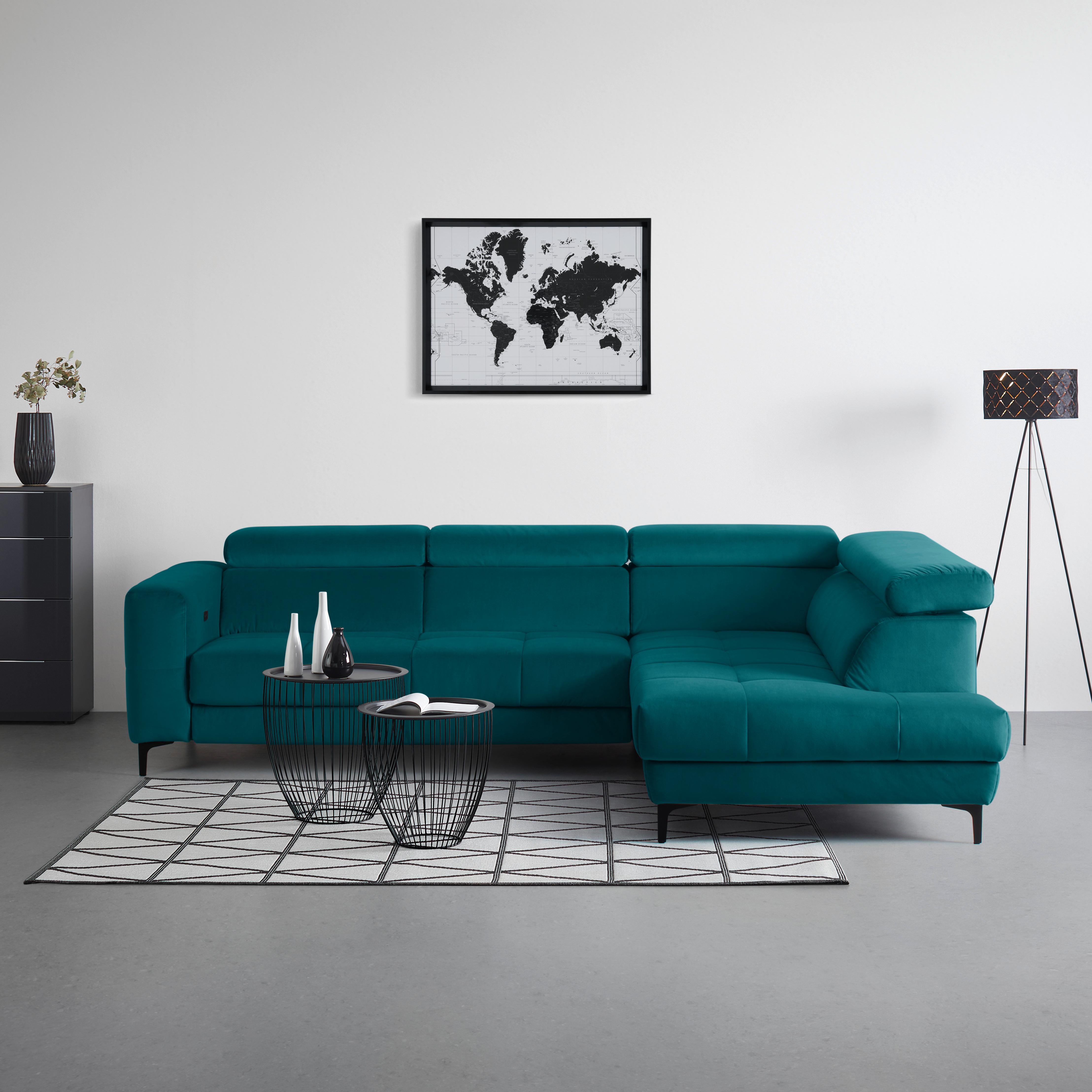 Ecksofa Emma rechts Petrol - Petrol/Schwarz, MODERN, Textil (301/210cm) - Premium Living