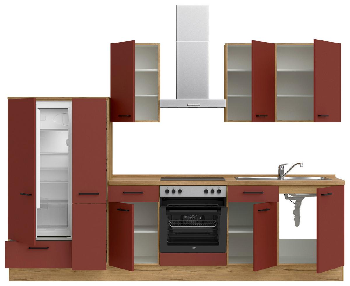 Küchenblock Easytouch Low m. Geräten Dunkelrot - Eichefarben/Schwarz, MODERN, Holzwerkstoff/Metall (300cm) - Nobilia