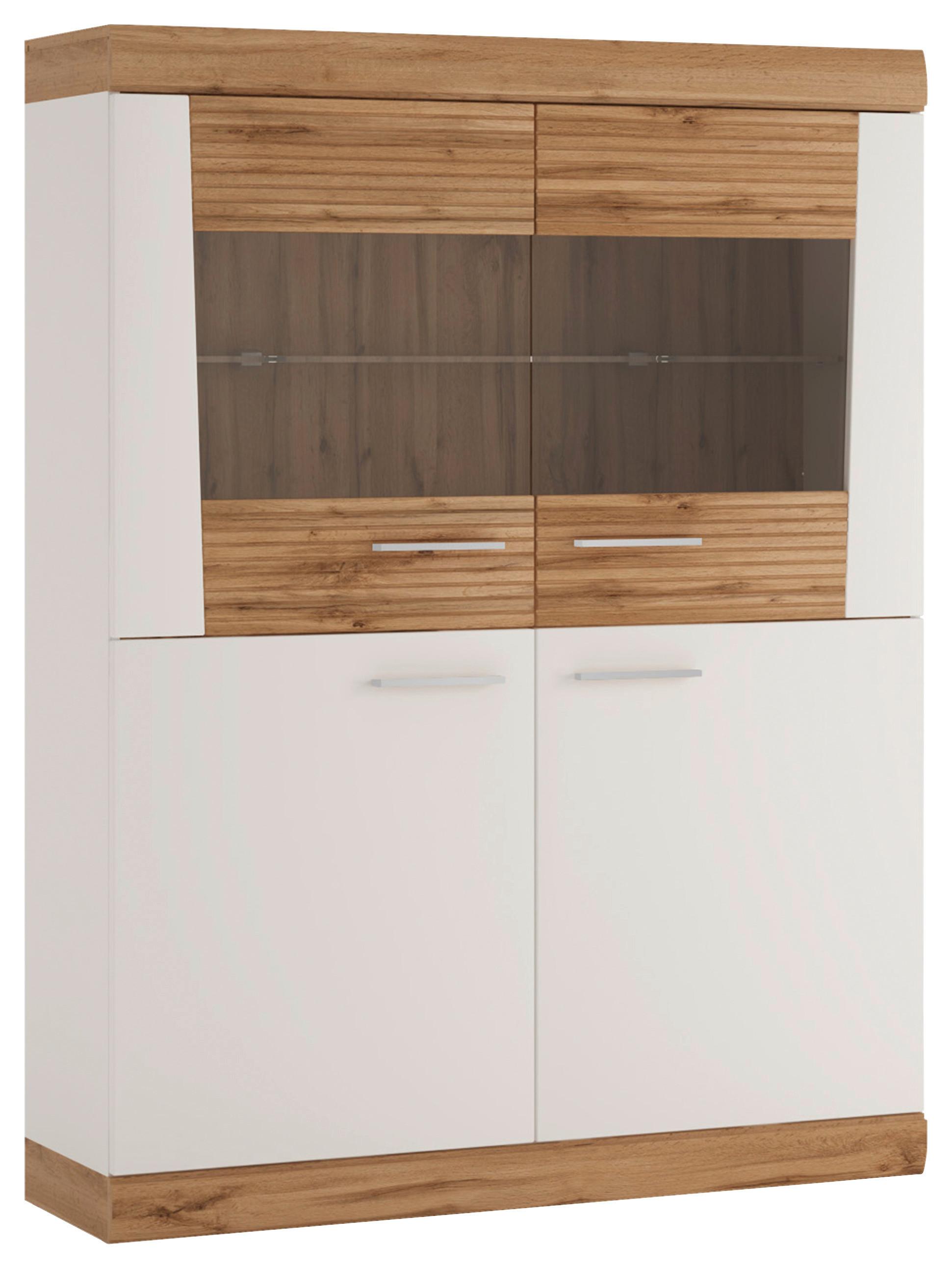 Comodă înaltă MERIDA - alb/alb lucios intens, Romantik / Landhaus, sticlă/material pe bază de lemn (120/157,75/35,9cm) - Modern Living