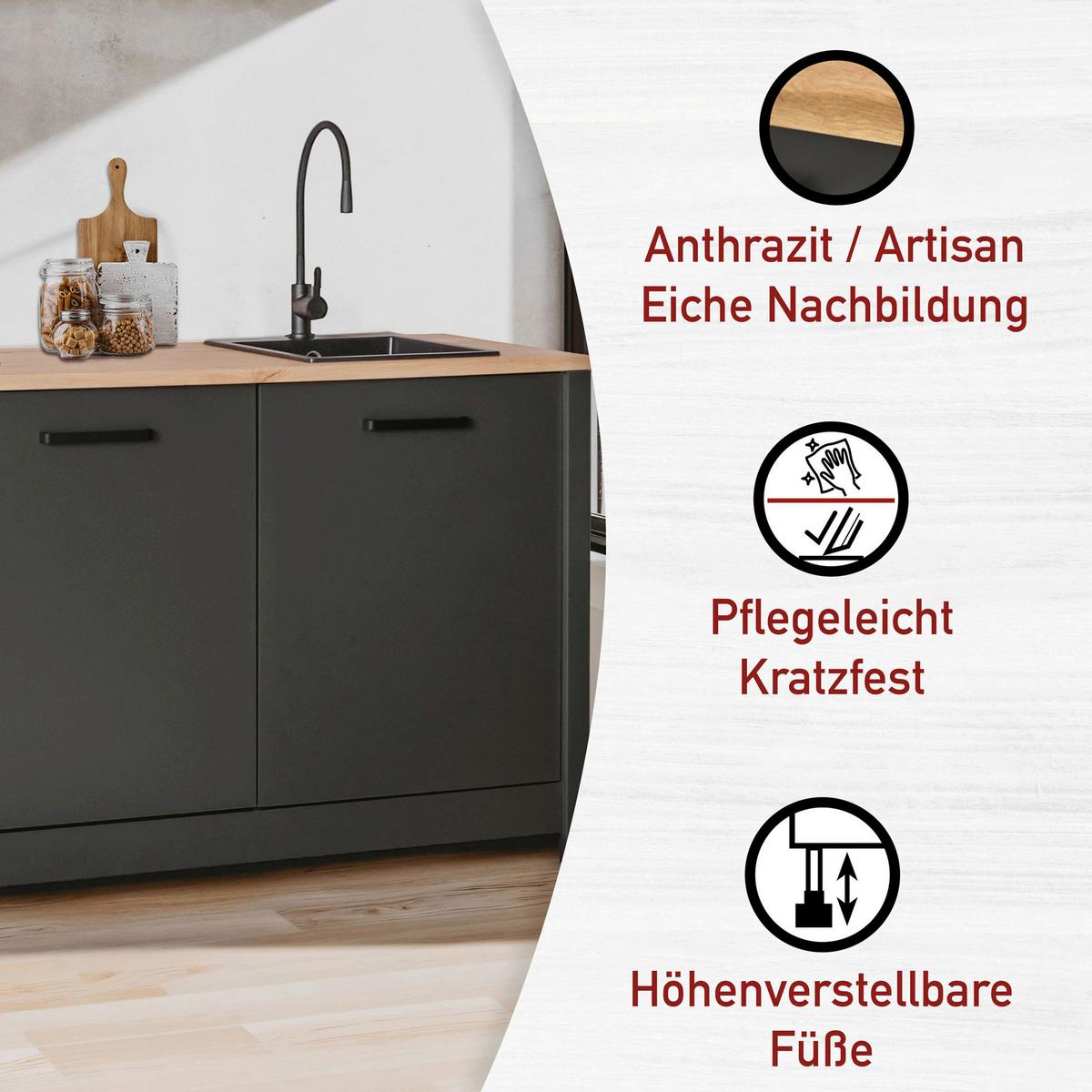 Küchenleerblock Bundle 7 o. Geräte Anthrazit - Anthrazit/Schwarz, MODERN, Glas/Holzwerkstoff (370cm) - home24