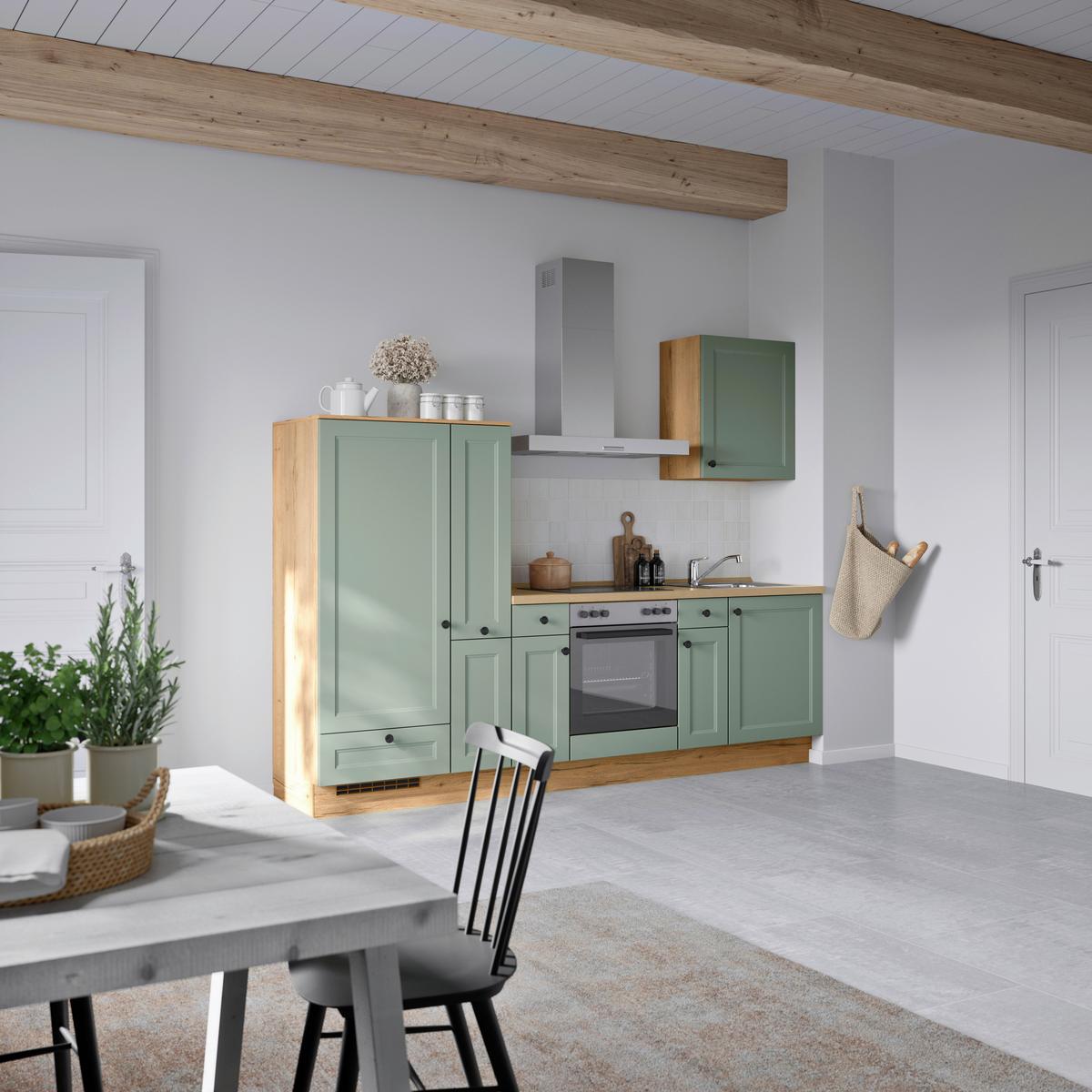 Küchenblock Cascada Low m. Geräten Schilfgrün - Schilfgrün/Eichefarben, MODERN, Holzwerkstoff/Metall (270cm) - Nobilia