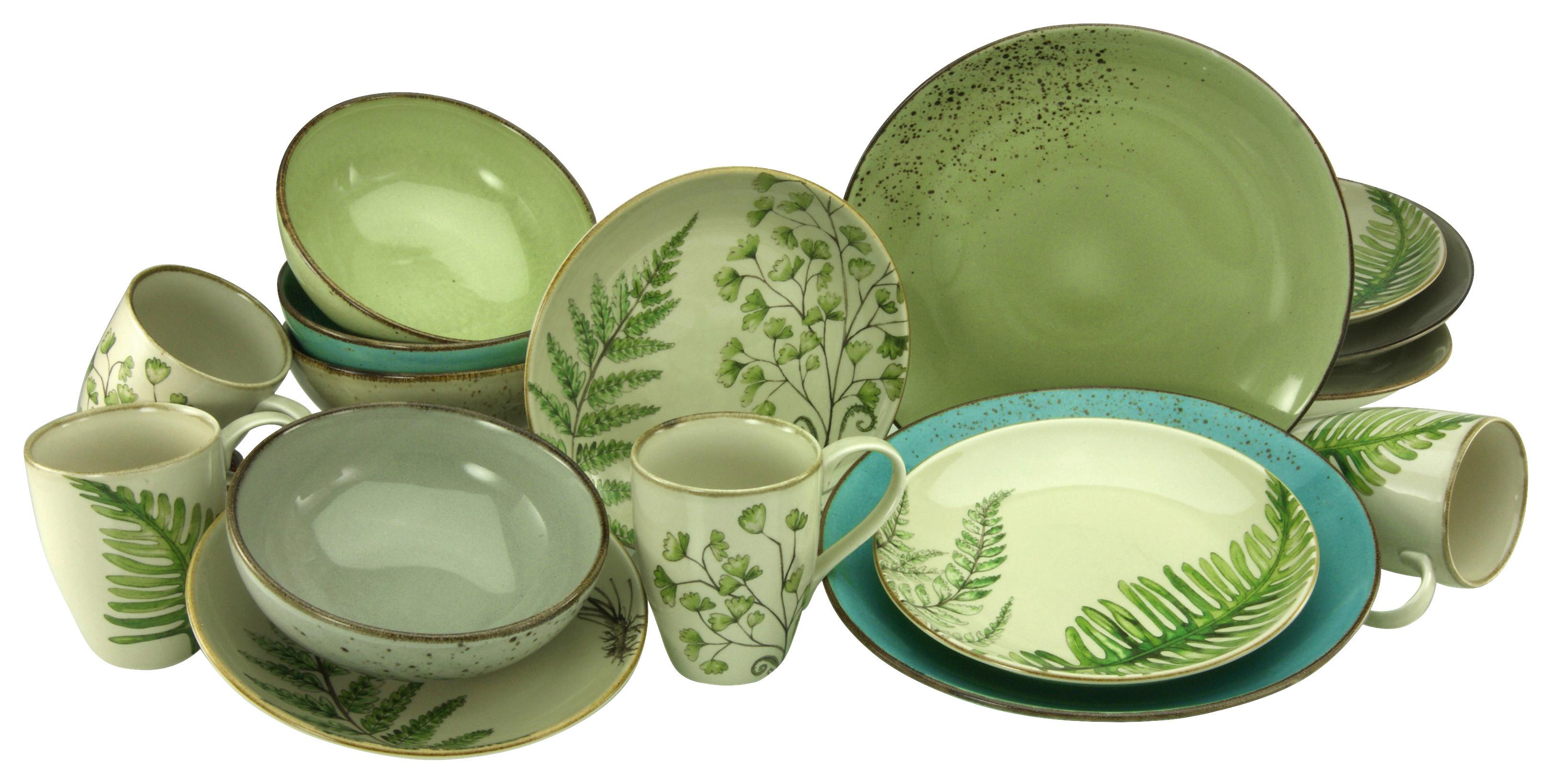 Kombiservice Botanica in Grün, 16-teilig - Sandfarben/Petrol, KONVENTIONELL, Keramik - Creatable