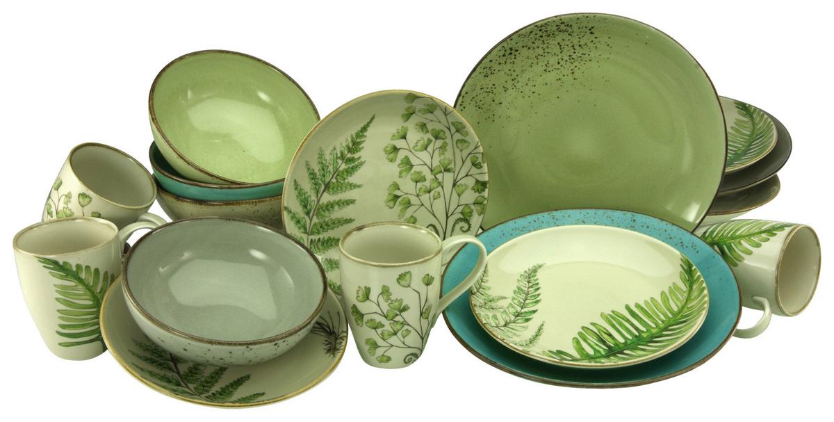 Kombiservice Botanica in Grün, 16-teilig - Sandfarben/Petrol, KONVENTIONELL, Keramik - Creatable