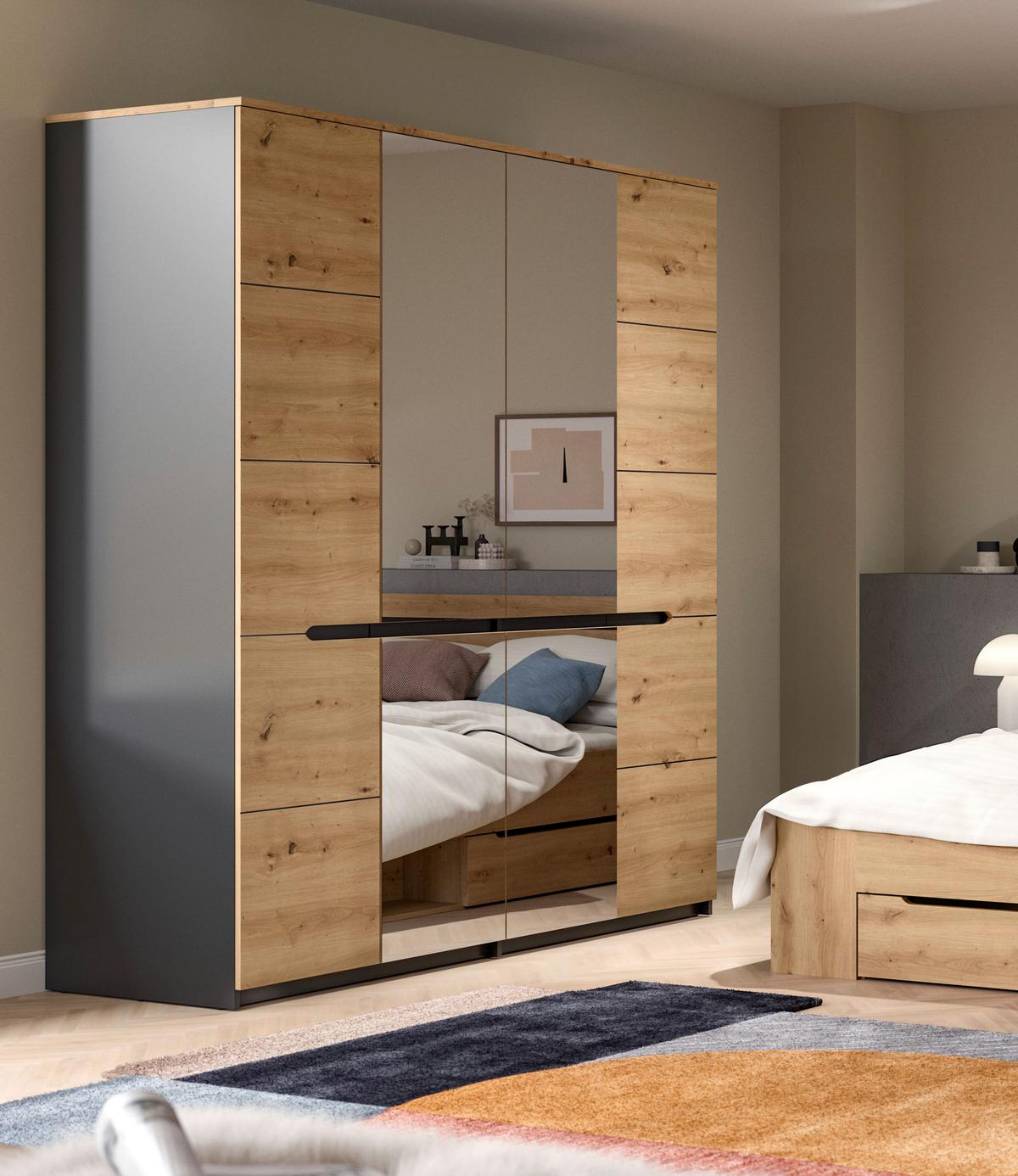 Drehtürenschrank CANU Eiche Artisan, Grau - Eiche Artisan/Grau, MODERN, Glas/Holzwerkstoff (180/198/59cm) - MID.YOU