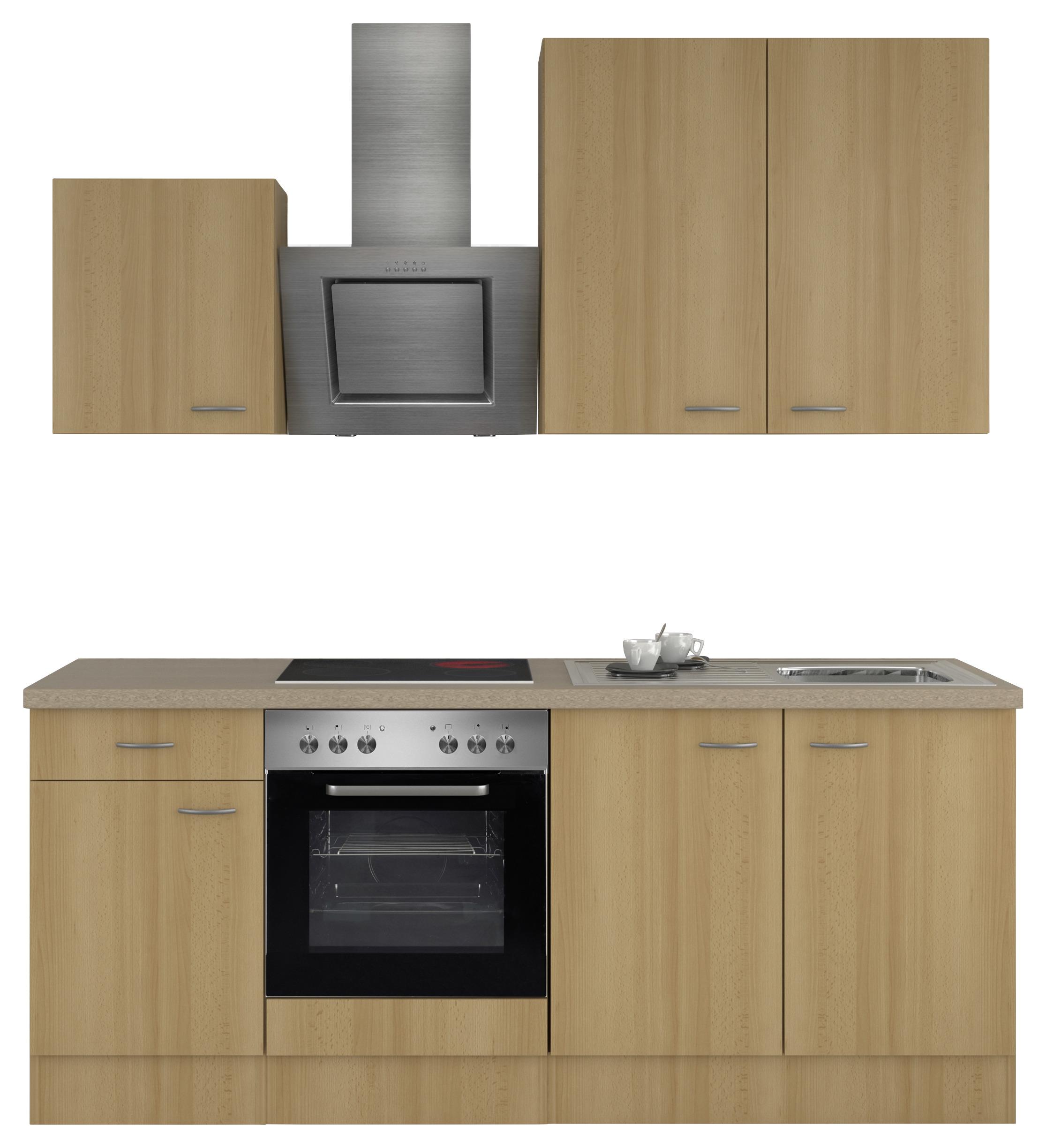 Küchenblock in Buche inkl. Geräte und Spüle 'Nano' - Edelstahlfarben/Beige, MODERN, Holzwerkstoff/Kunststoff (210cm) - FlexWell
