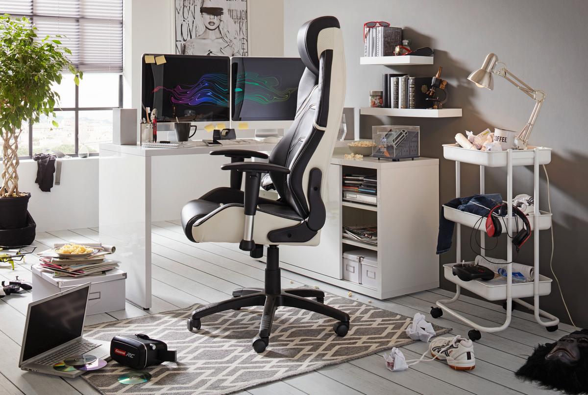 Gamingstuhl im Lederlook - Weiss/Schwarz, Modern, Kunststoff/Textil (67/126-134/72cm) - Premium Living