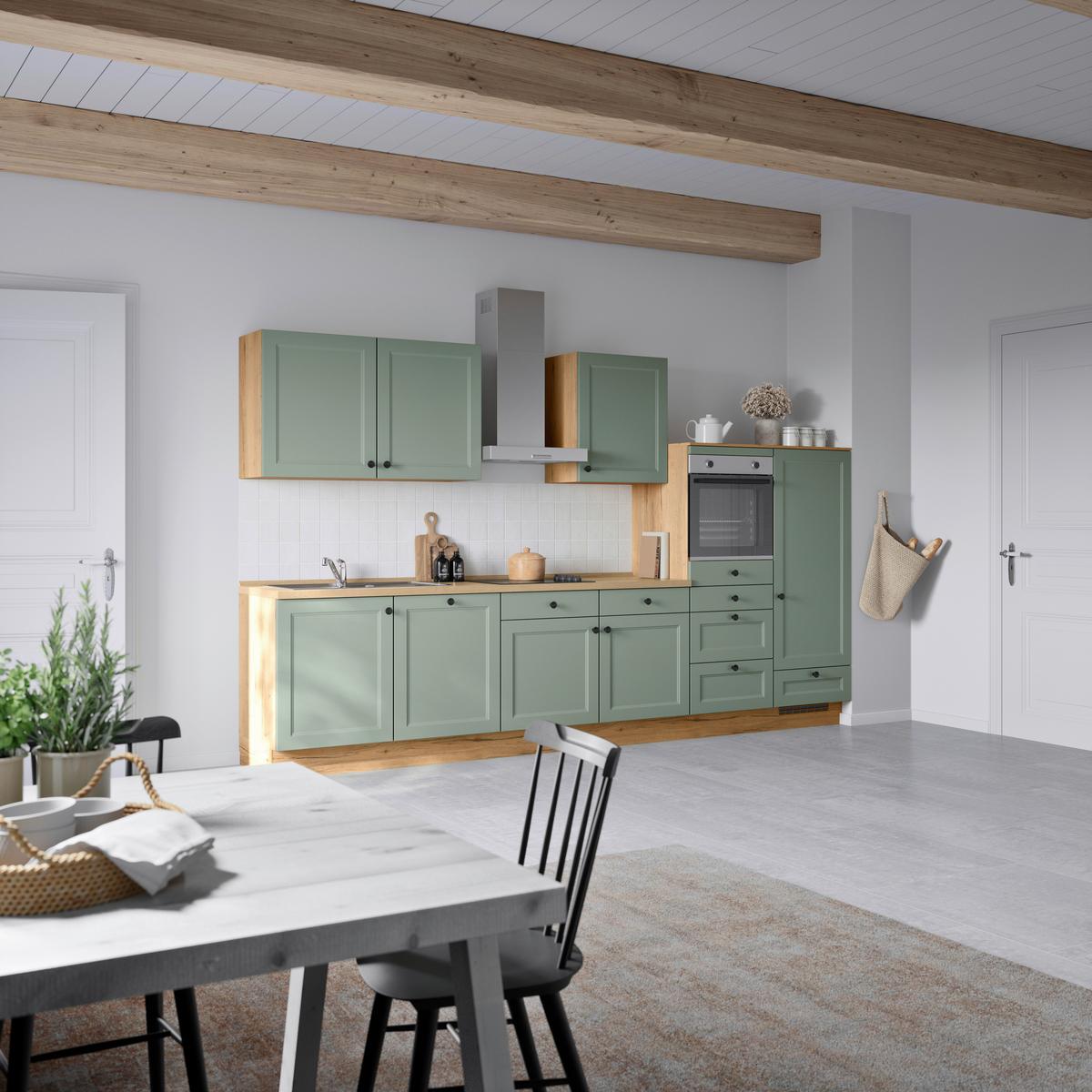 Küchenblock Cascada Low m. Geräten Schilfgrün - Schilfgrün/Eichefarben, MODERN, Holzwerkstoff/Metall (360cm) - Nobilia