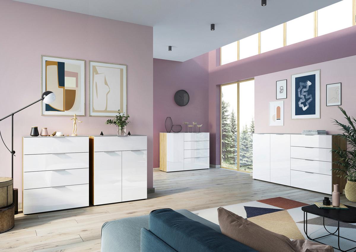 Sideboard Oakland in Weiß/Eichefarben - Chromfarben/Eichefarben, MODERN, Glas/Holzwerkstoff (184/102/42cm) - Premium Living