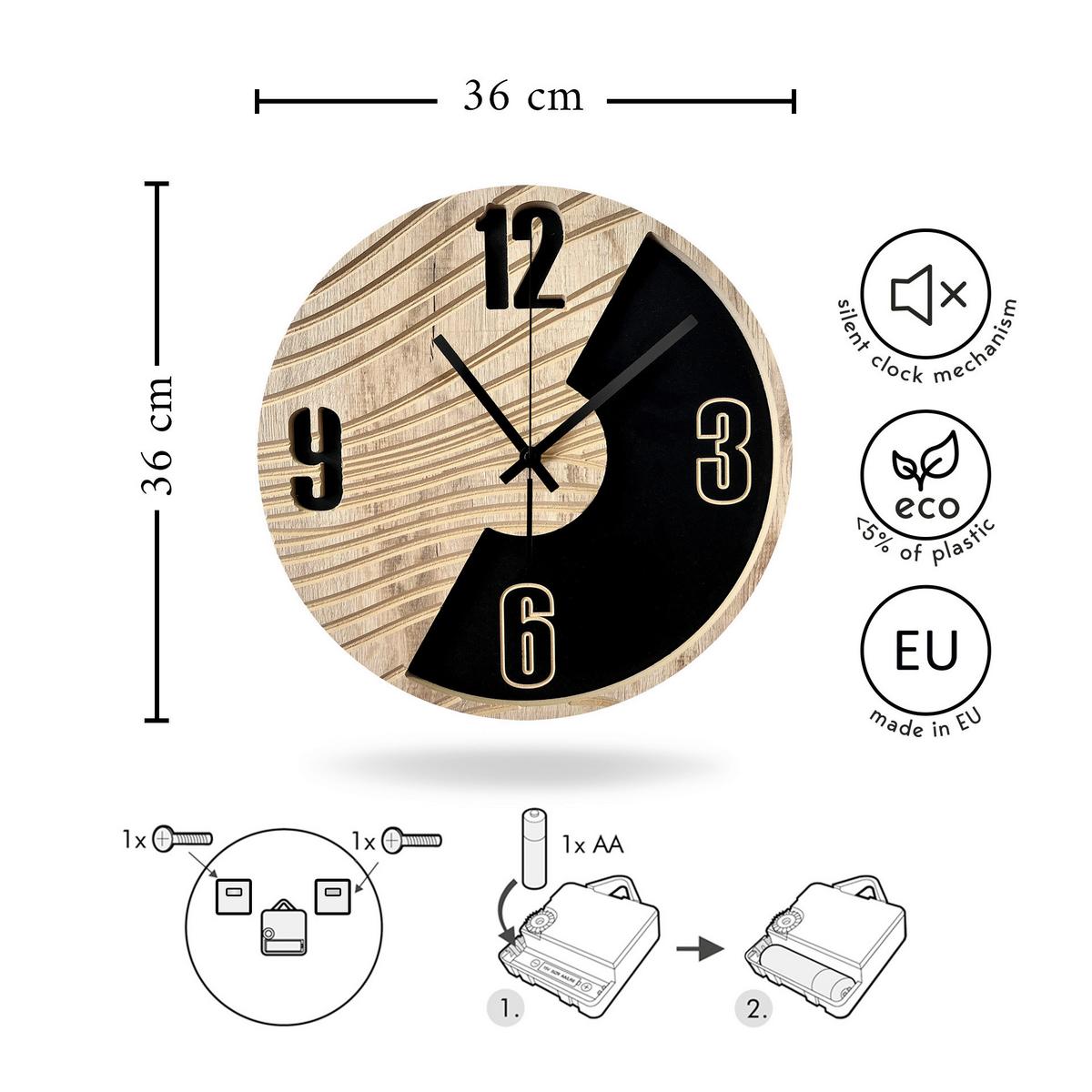 Wanduhr Schwarz/Eichefarben Ø ca. 36cm - Eichefarben/Schwarz, Basics, Holz/Kunststoff (36cm)