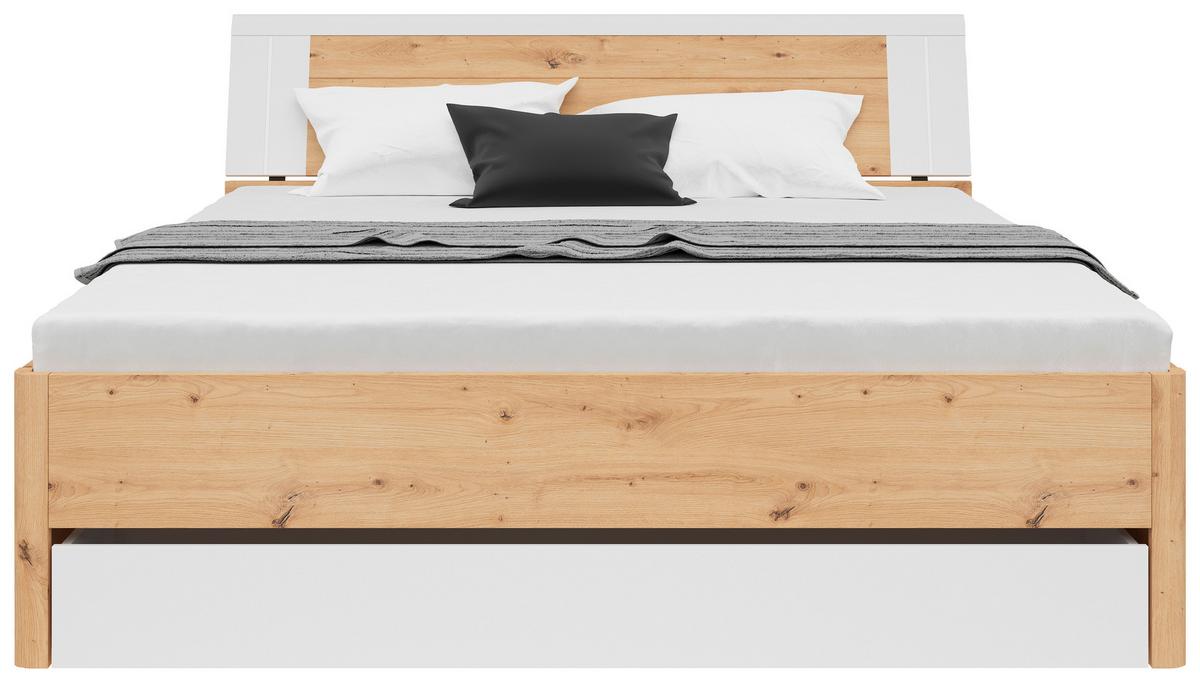 Stauraumbett in Weiß/Eiche Artisan - Eiche Artisan/Weiß, KONVENTIONELL, Holzwerkstoff (180/200cm) - Mömax