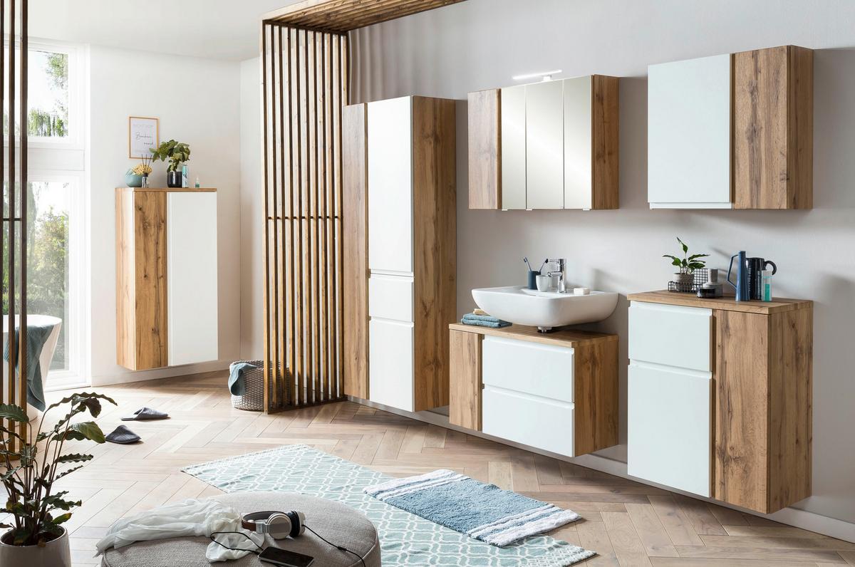 Waschbeckenunterschrank Matt weiß/Wotan Eiche - Eiche Wotan/Weiß, MODERN, Holzwerkstoff (85/56/35cm) - Held