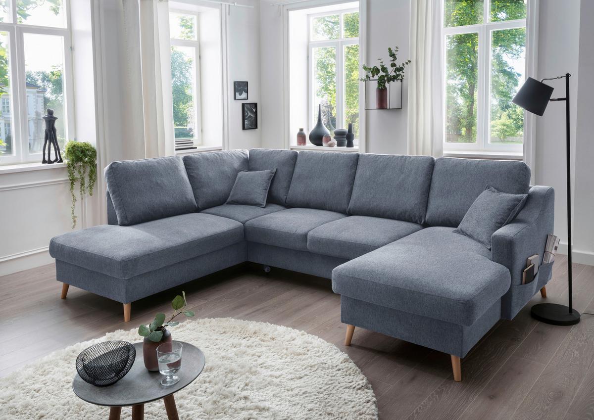 Wohnlandschaft Valentina Blau Struktur - Blau/Naturfarben, KONVENTIONELL, Holz/Textil (200/301/150cm) - P & B