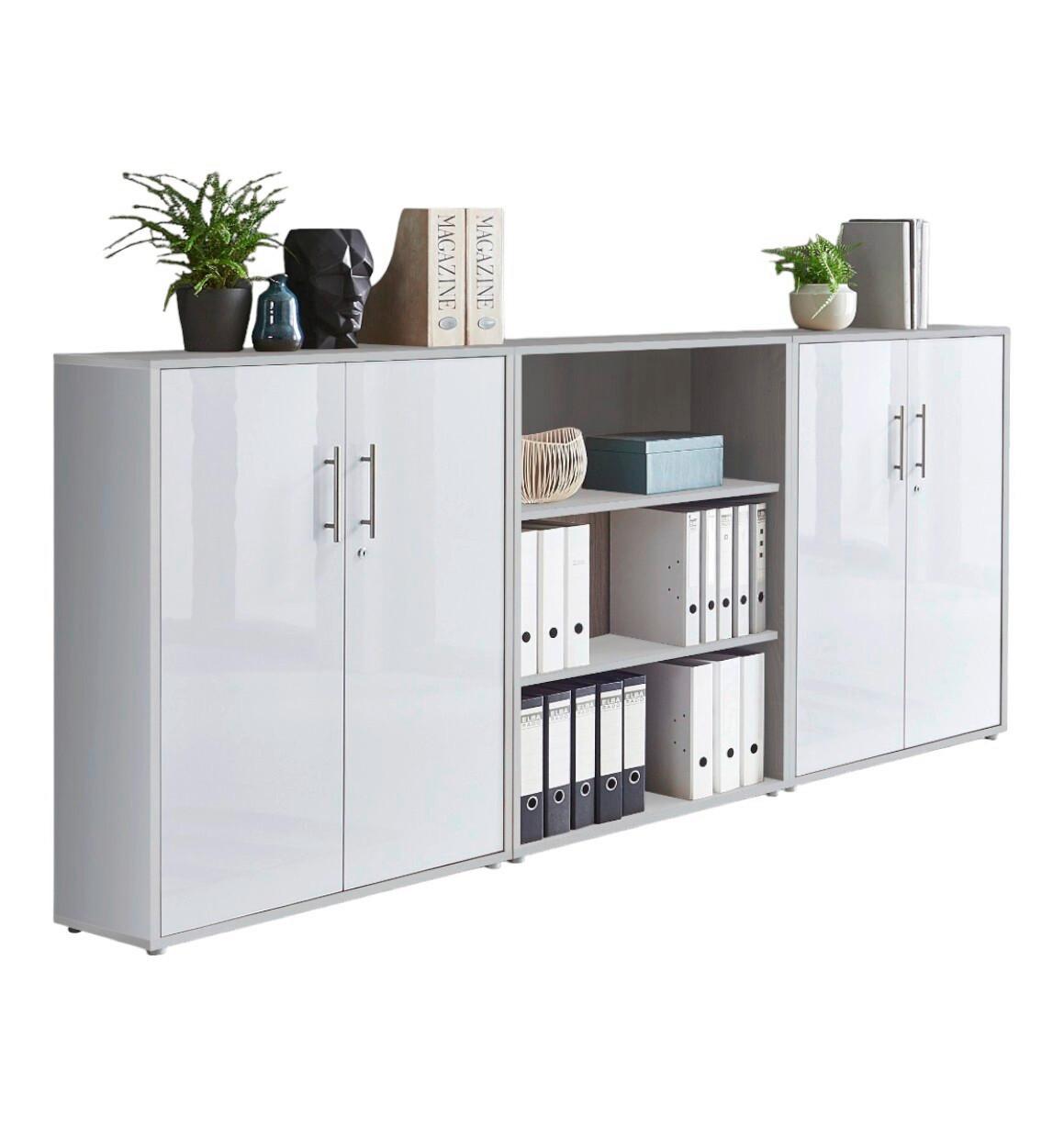 Aktenschrank Office Edition Sw Set 9 Grau/Weiß - Weiß Hochglanz/Grau, MODERN, Holzwerkstoff (253,2/113,6/33cm) - MID.YOU