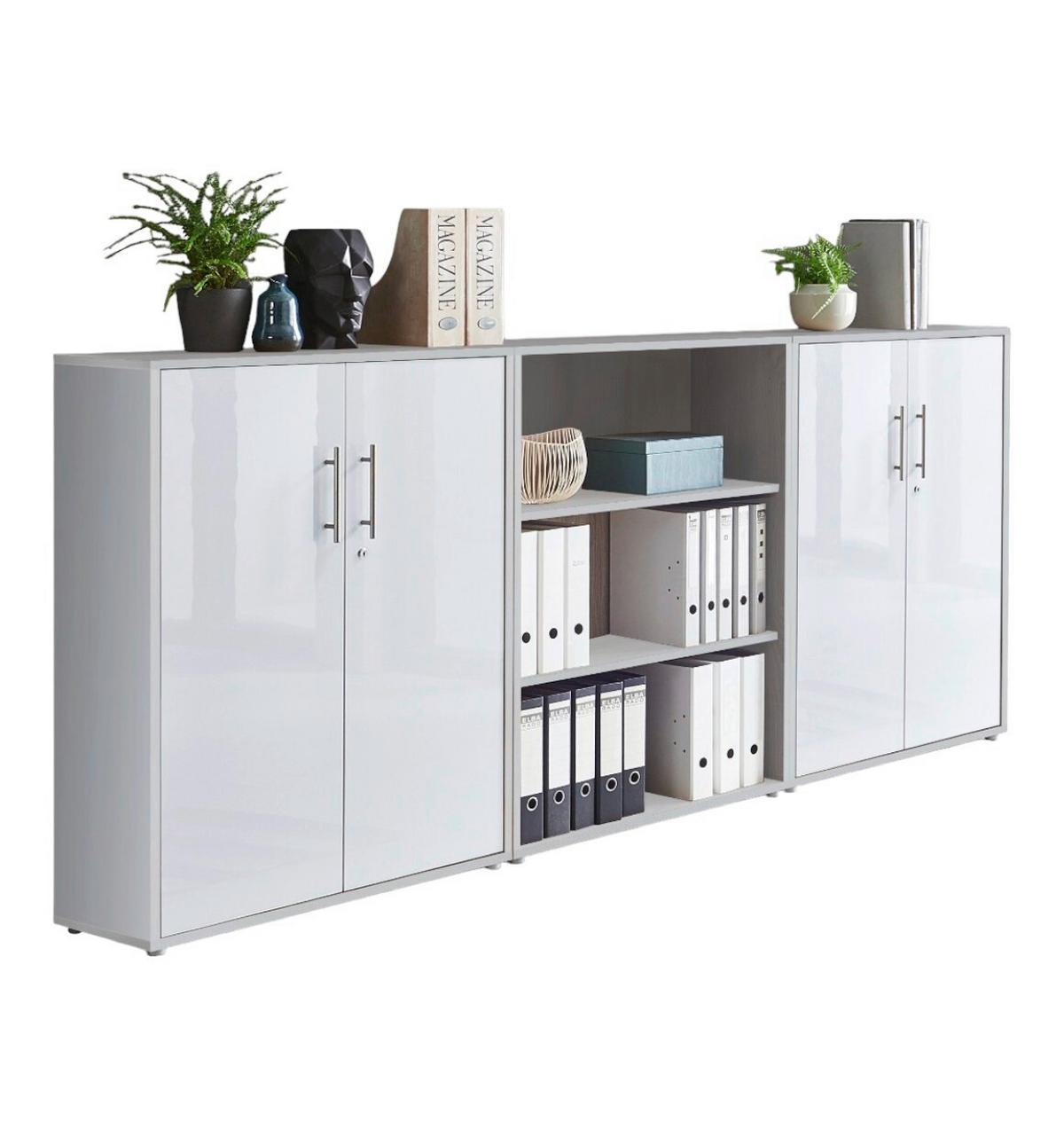 Aktenschrank Office Edition Sw Set 9 Grau/Weiß - Weiß Hochglanz/Grau, MODERN, Holzwerkstoff (253,2/113,6/33cm) - MID.YOU