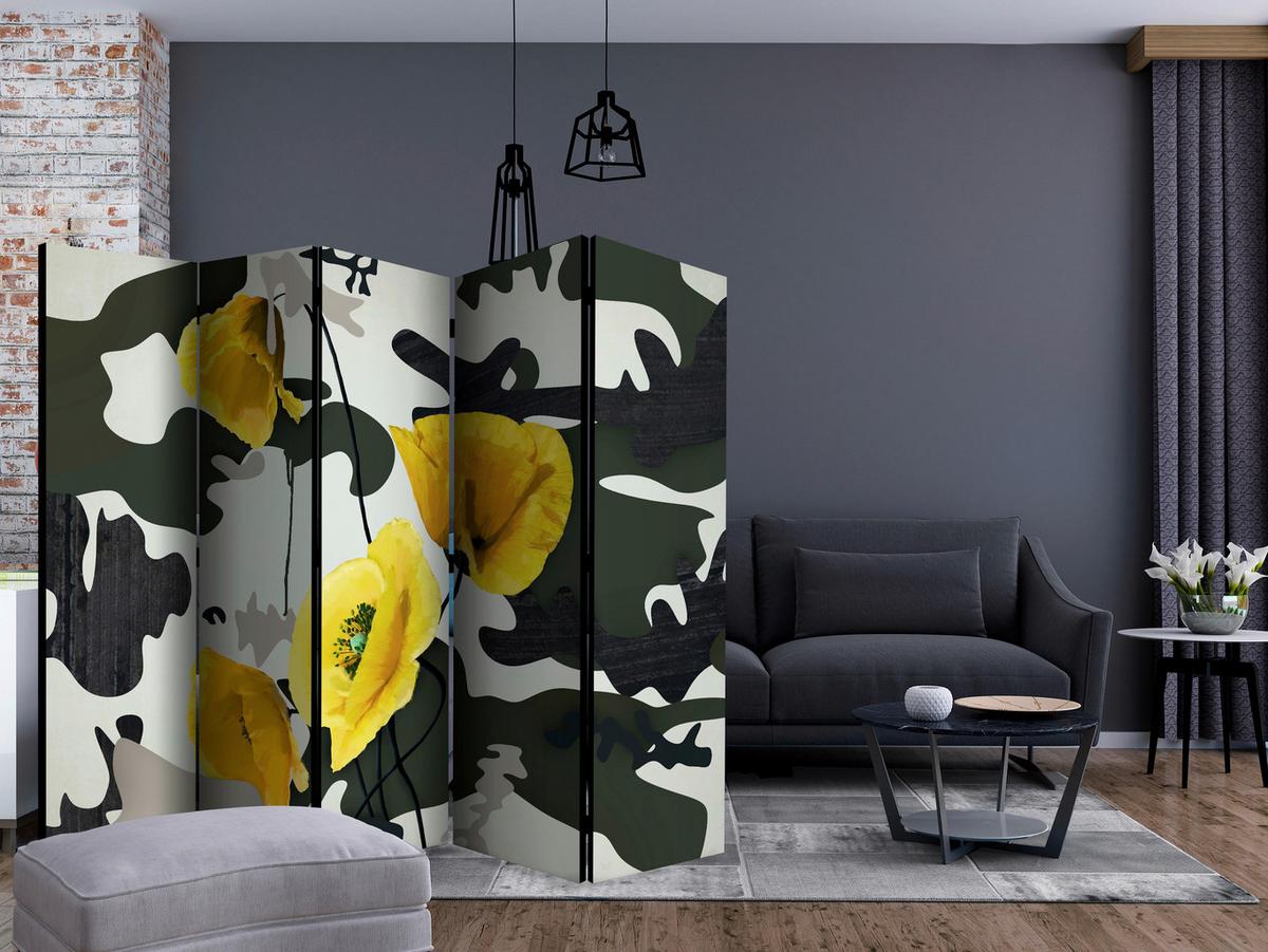 Paravan Fresh Paint I, Dvostranski, 5-Delni - rumena/siva, Basics, tekstil/les (225/172/3cm) - artgeist