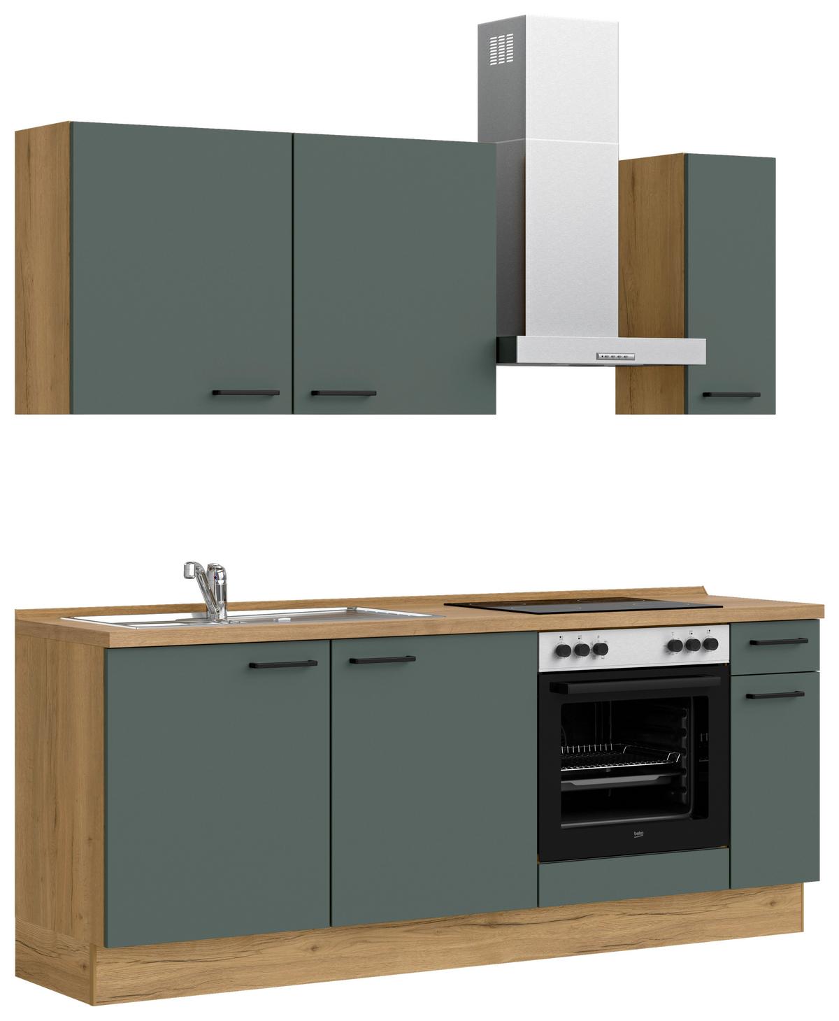 Küchenblock Easytouch Low m. Geräten Dunkelgrün - Dunkelgrün/Eichefarben, MODERN, Holzwerkstoff/Metall (210cm) - Nobilia