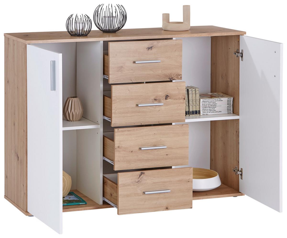 Komoda Ina 03, Barva Hrasta, Bela - bela/barve aluminija, Moderno, umetna masa/leseni material (132/94,8/38,3cm) - Mömax