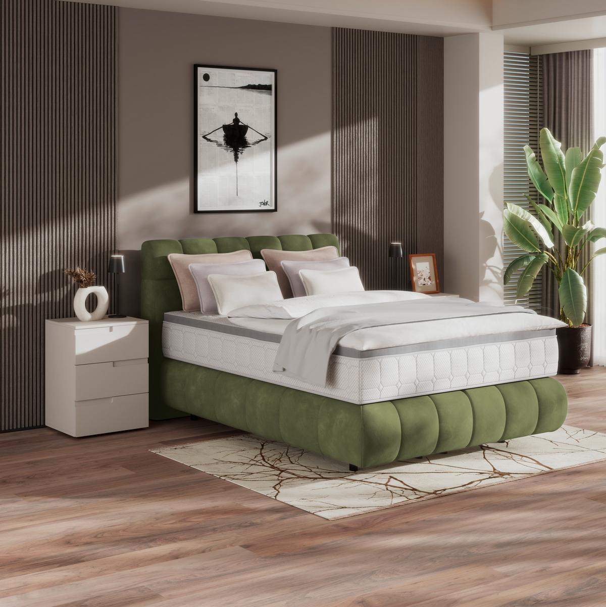 Boxspring Krevet Nobu - tamno zelena/crna, Trend, drvo/tekstil (140/200cm) - Premium Living