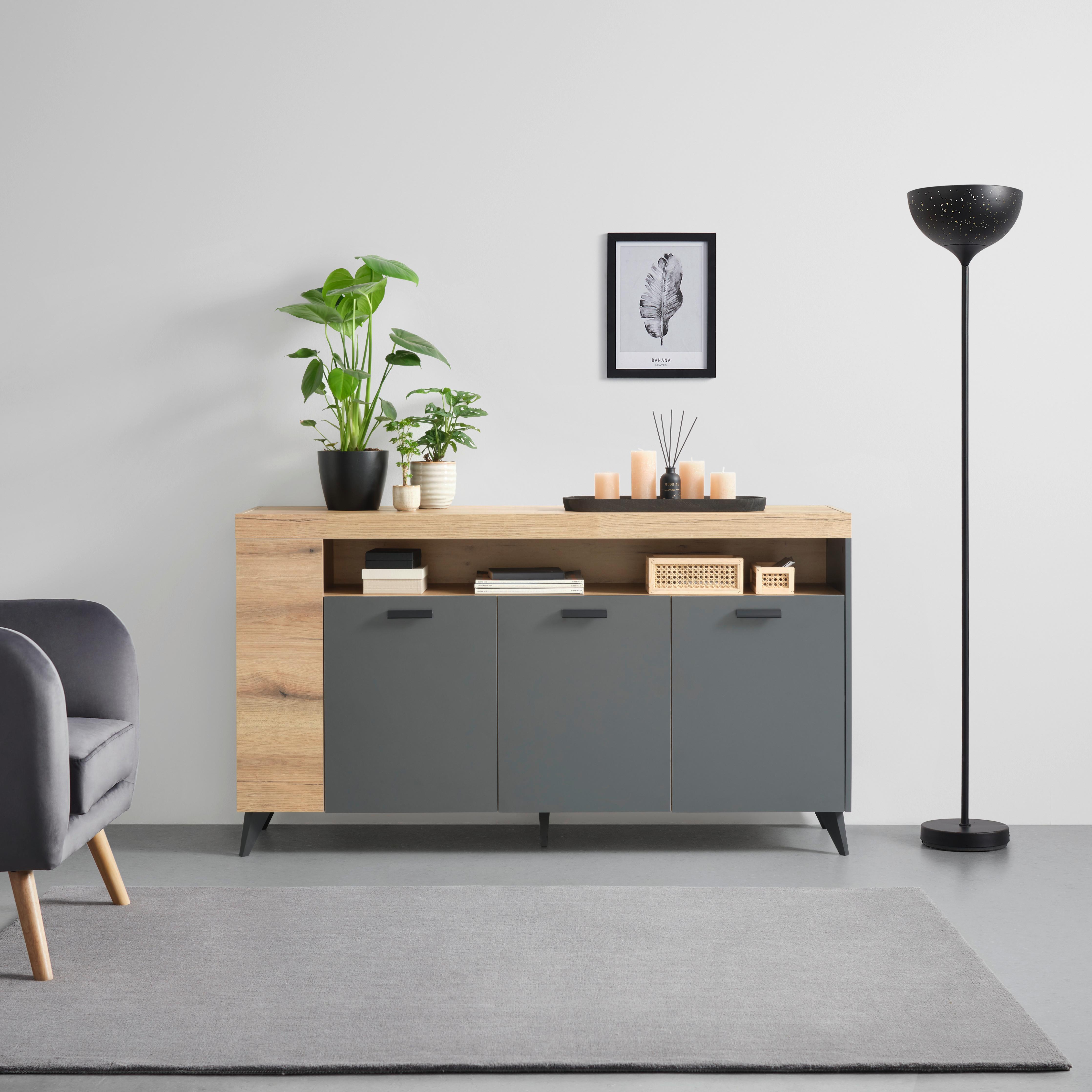 Komoda Sunny - črna/barve hrasta, Moderno, umetna masa/leseni material (160/90/40cm) - Modern Living