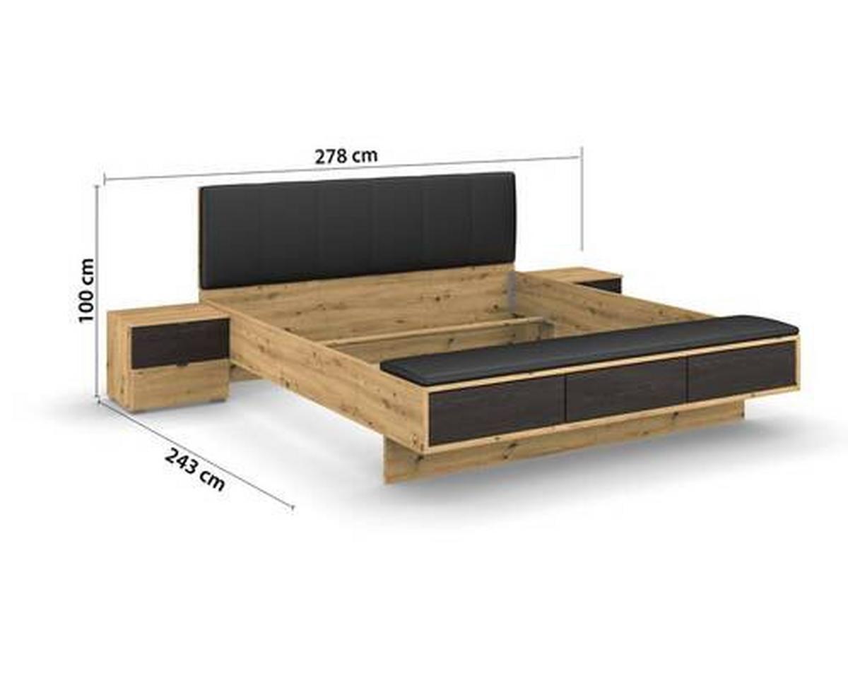 Bettanlage Apollon m. Sitzbank ca. 180x200 cm Schwarz/Eiche - Schwarz/Eiche Artisan, MODERN, Holzwerkstoff/Textil (180/200cm) - Rauch Möbel